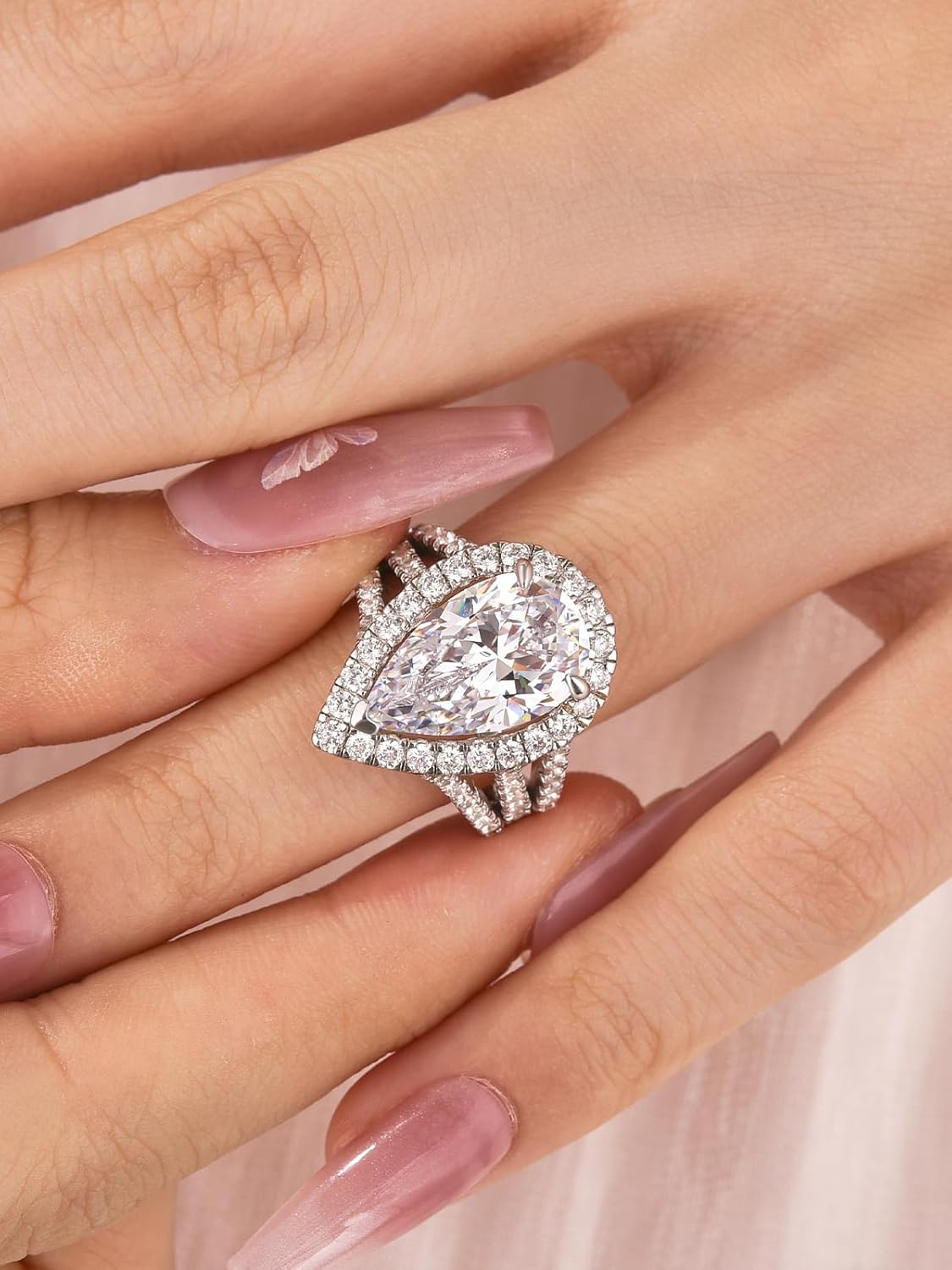 3.5/5.0CT Halo Pear Shaped Engagement Ring,Split Shank Promise Ring for Women in S925 Sterling Silver - Image 2