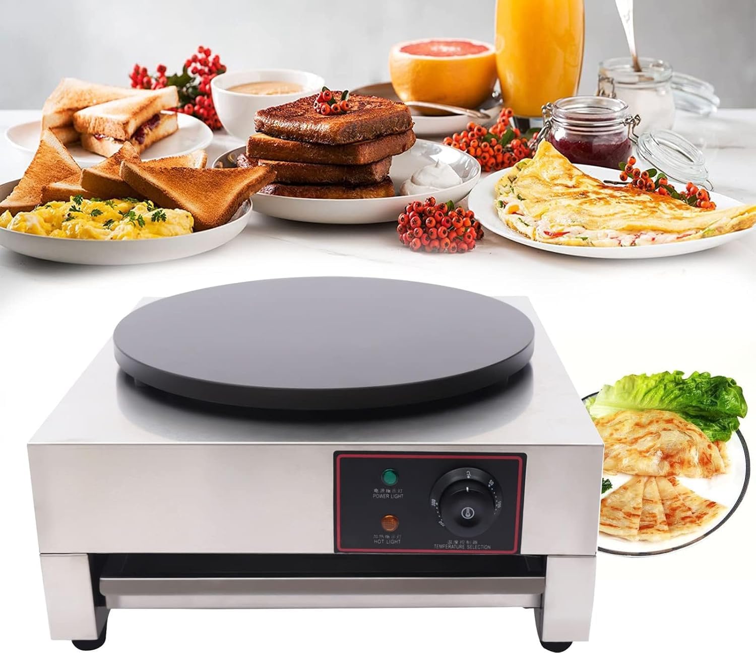 MYUYEE Commercial Electric Crepe Maker, 3000W Non Stick Large Pancake Griddle Machine, 50-300℃ Temperature Adjustable