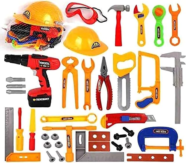 37 Pieces Kids Toy Tool Set Preschool Engineering Repair Tools Toys Construction Toys Pretend Role Play Toy Set with Yellow Helmet (Pretend Play Drill- DOES NOT WORK WITH BATTERIES)