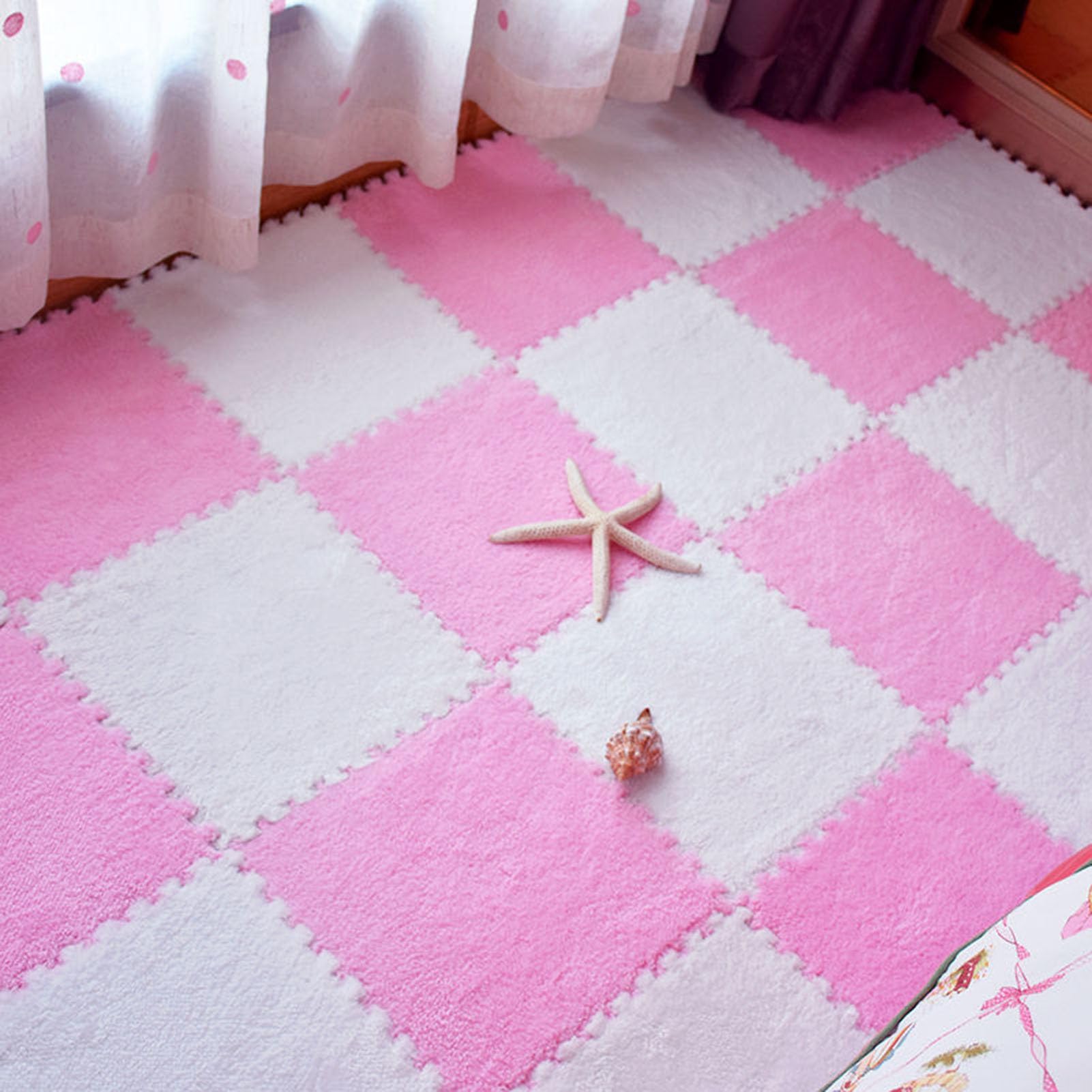 piankowa mata w kształcie puzzli, Pluszowe płytki dywanowe z łączonych płytek, maty pianki, dywaniki antypoślizgowe puzzli, kwadratowe podłogowe(Pink+white,18pcs)