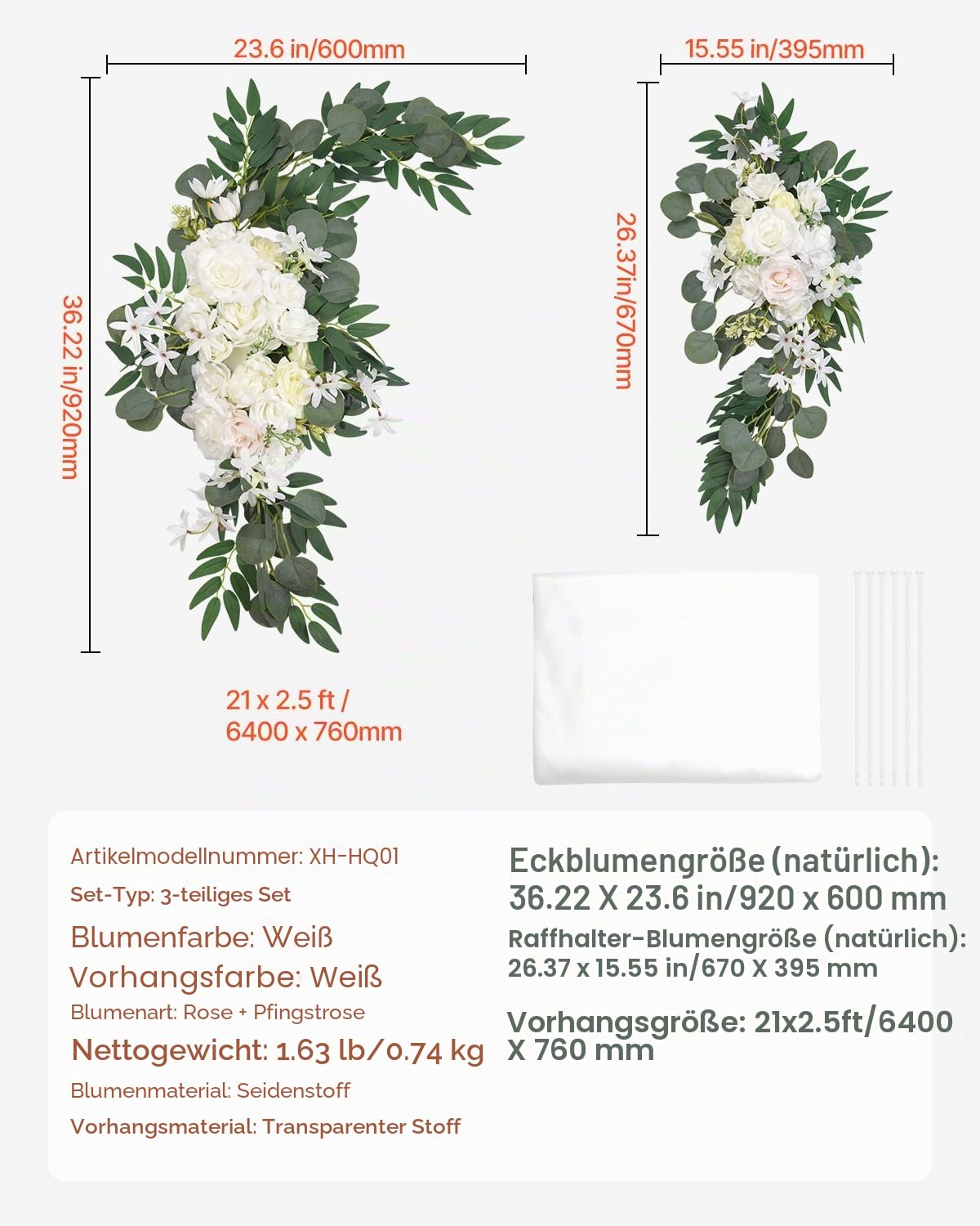 VEVOR Blumenset für Hochzeit Bogen, weiße Blumen für Traubogen mit Vorhängen (3er-Set) – 2 Blumenarrangements, 1 transparente Vorhänge, für Zeremoniensträuße, Empfangshintergrunddekoration