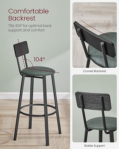 Miniatura 6 de VASAGLE Taburetes de bar, juego de 2 taburetes de desayuno tapizados de poliuretano, taburetes de bar de 29.7 pulgadas con respaldo y reposapiés,