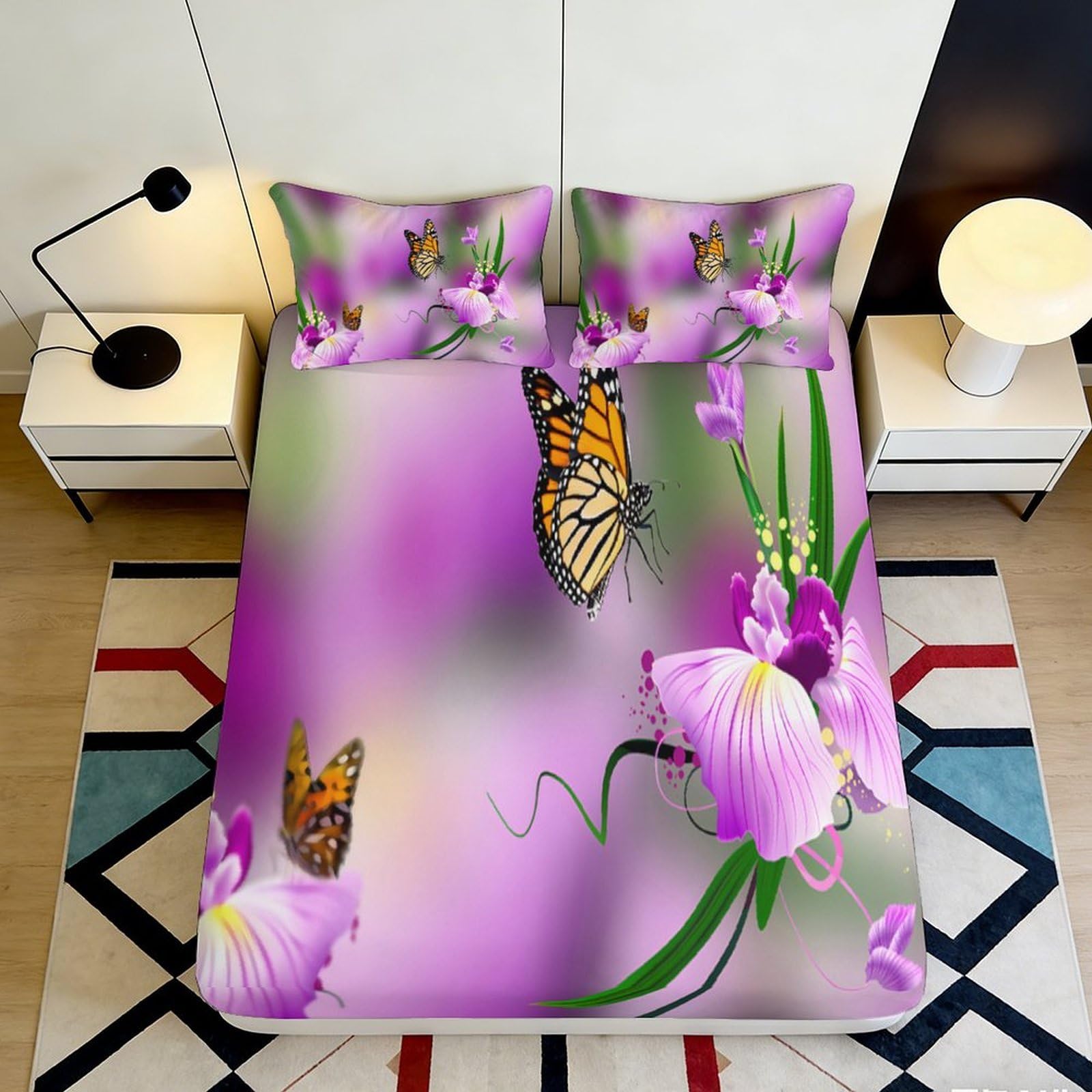 3D Printed Purple Orchid Butterfly Fitted Sheet Microfiber Soft Bed Cover for Bedroom Dorm Mattress Decor 90x200x25cm