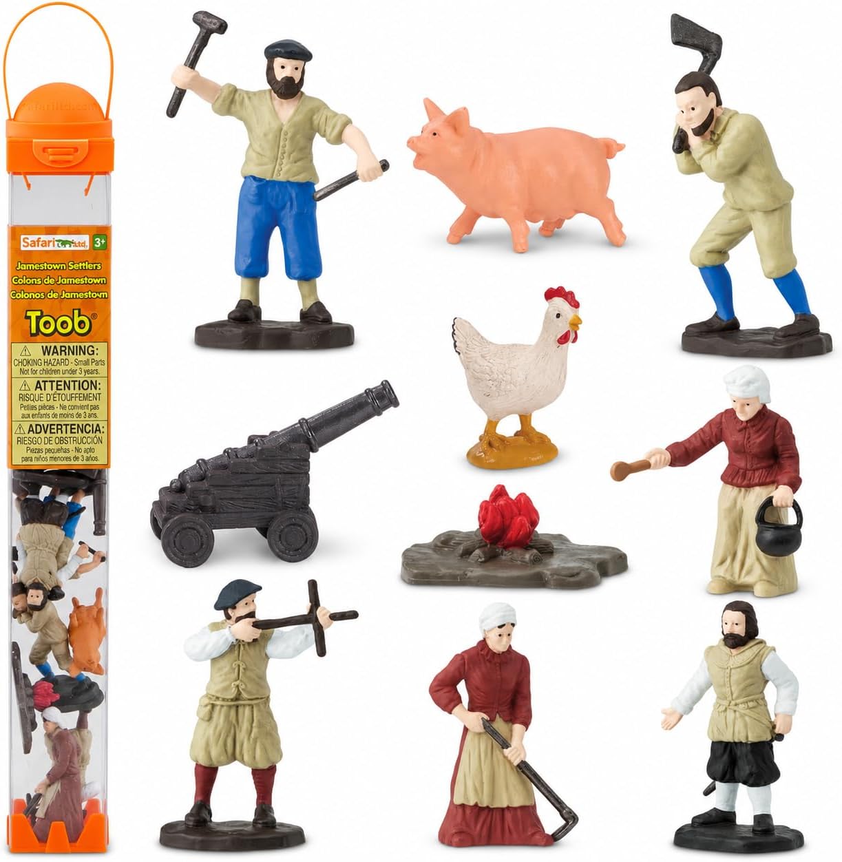 Jamestown Settlers TOOB - 10 Figurines: Sailor, Gardener, Blacksmith, Settlers, John Smith, Chicken, Pig, Cannon - Educational Toy Figures For Boys, Girls & Kids Ages 3+