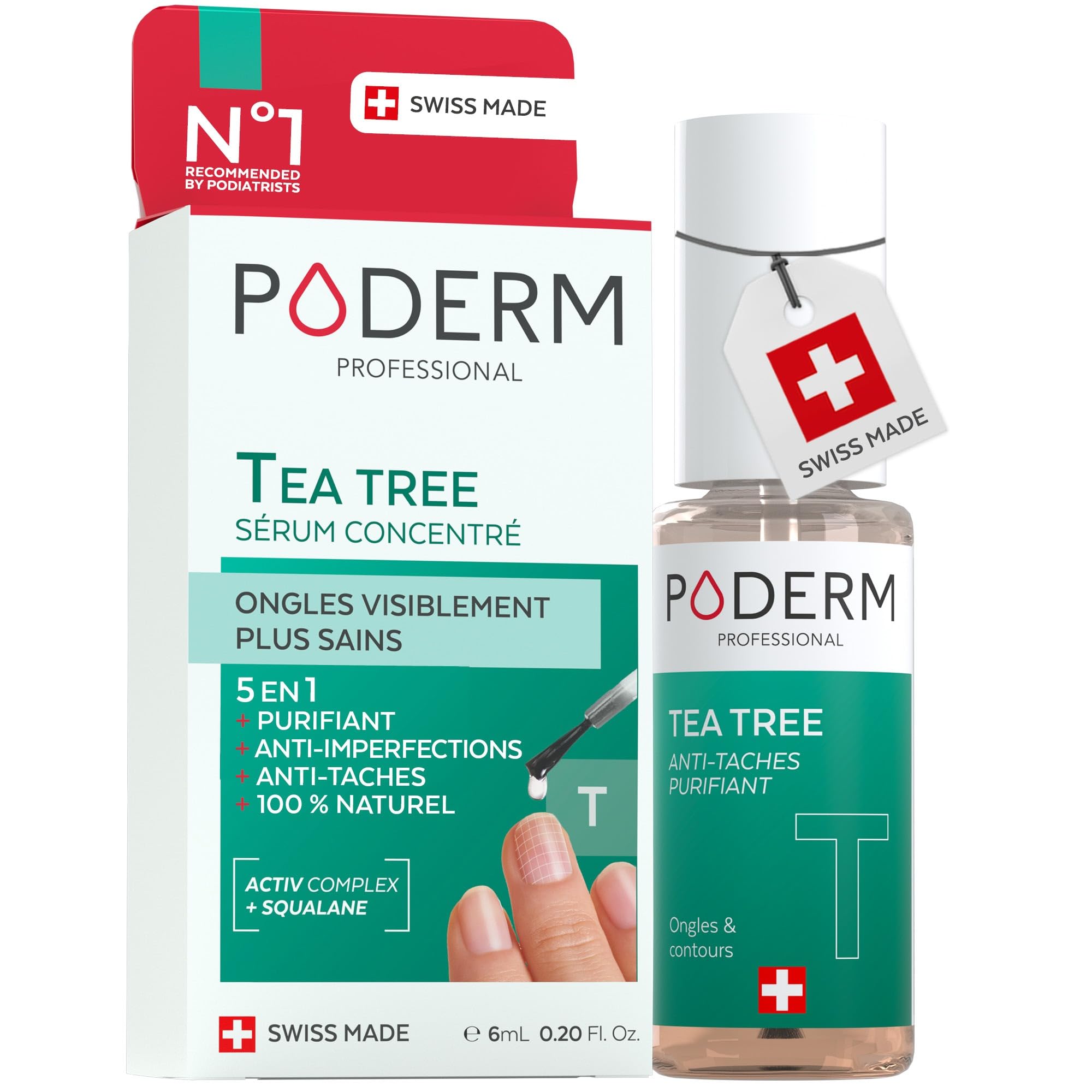 Poderm 5 en 1 Sérum Booster Ongles - Tea Tree | Soin Anti-Tâches & Réparateur pour Ongles Abîmés - 6 ML | Nourrit & Clarifie | Huile Essentielle 100% Naturelle | Développé par un Podologue en Suisse