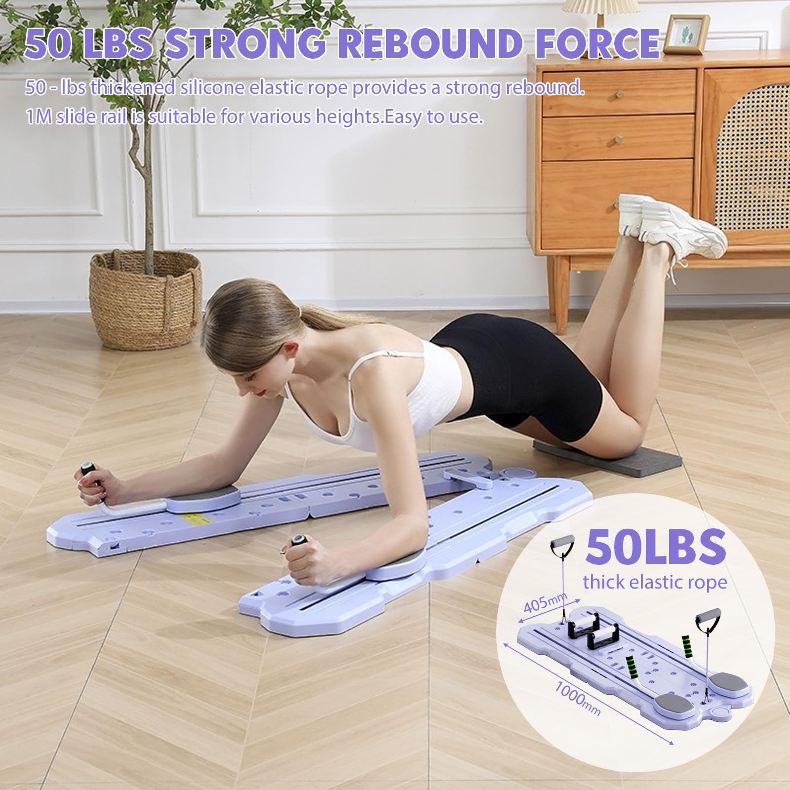 Planche de Pilates pliable multifonction avec rouleau abdominal, rouleau de rebond automatique, bandes de résistance et tapis de genoux, planche d'entraînement pour abdominaux pour la maison