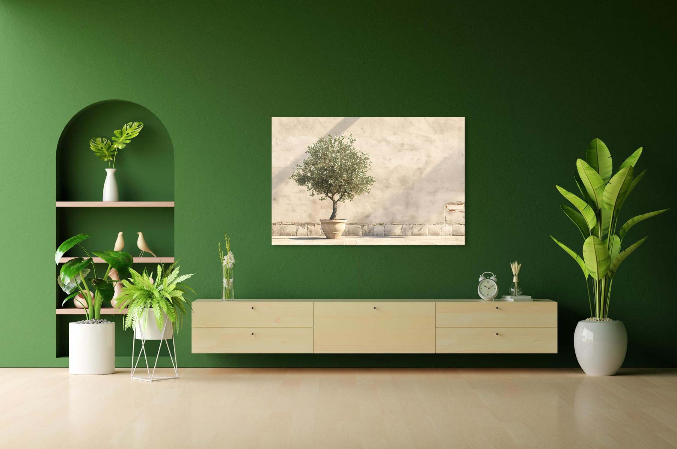 Farbenhorizont Leinwandbild Mediterraner Innenhof mit Olivenbaum, warmes Sonnenlicht Format: 120x80cm XXL Wandbild auf Keilrahmen/Kunstdruck/Bild Wohnzimmer Dekoration