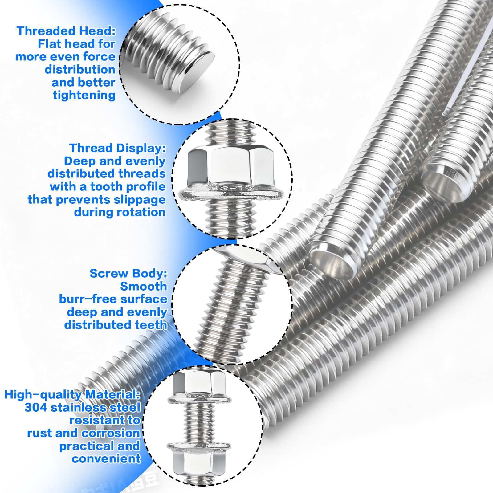 Varilla roscada M10 x 300 mm, 5 unidades de varillas roscadas DIN976, varilla roscada M10, acero inoxidable A2 V2A, rosca completa, varillas roscadas con 10 tuercas hexagonales para