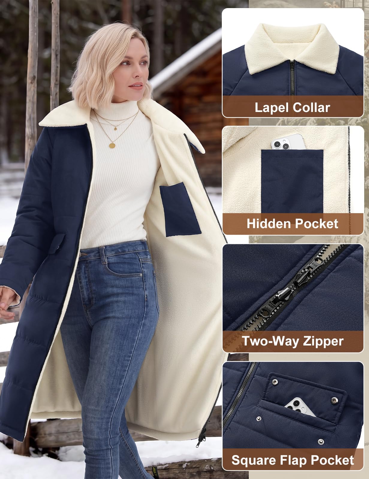 heekpek Manteau Long Femme Hiver Veste Polaire Parka Chaud Matelassée Manteaux Zippé Doudoune mi Longue Jacket Casual Blouson avec Poches