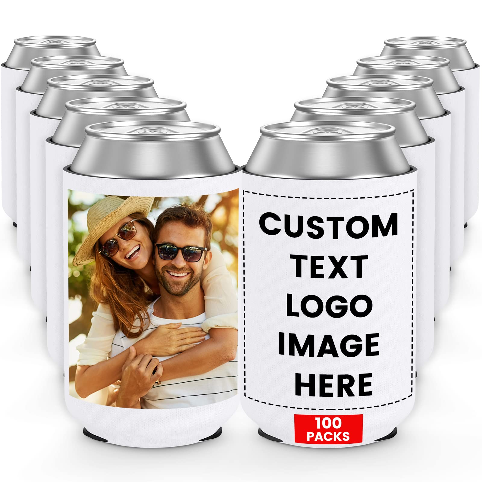Custom Neoprene Can Cooler Sleeve 100 Pack Bulk Personalized Collapsible Insulated Can Sleeves Personalized Drink Holder for Summer Beach Birthday Party Supplies Holiday Decorations
