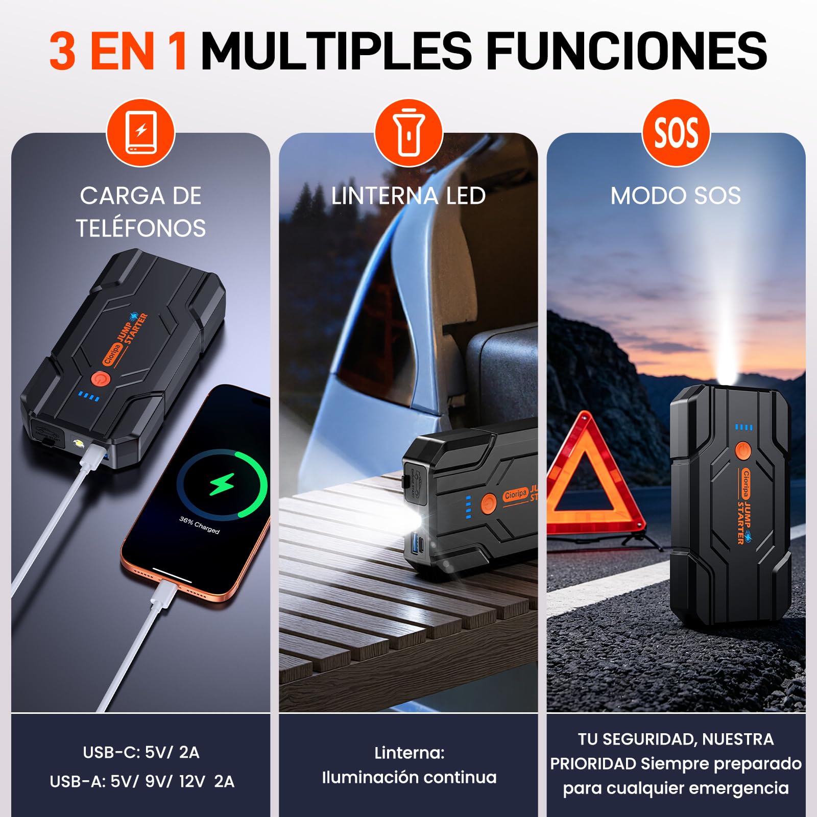 Arrancador de Baterias de Coche 𝟏𝟒.𝟖𝐕- 𝟖𝟎𝟎𝟎𝐀 Jump Starter para Motor 9.0L Gas o 8.5L Diesel, Power Bank Portátil con Carga Rápida QC3.0, Linterna LED y Pinzas Inteligentes