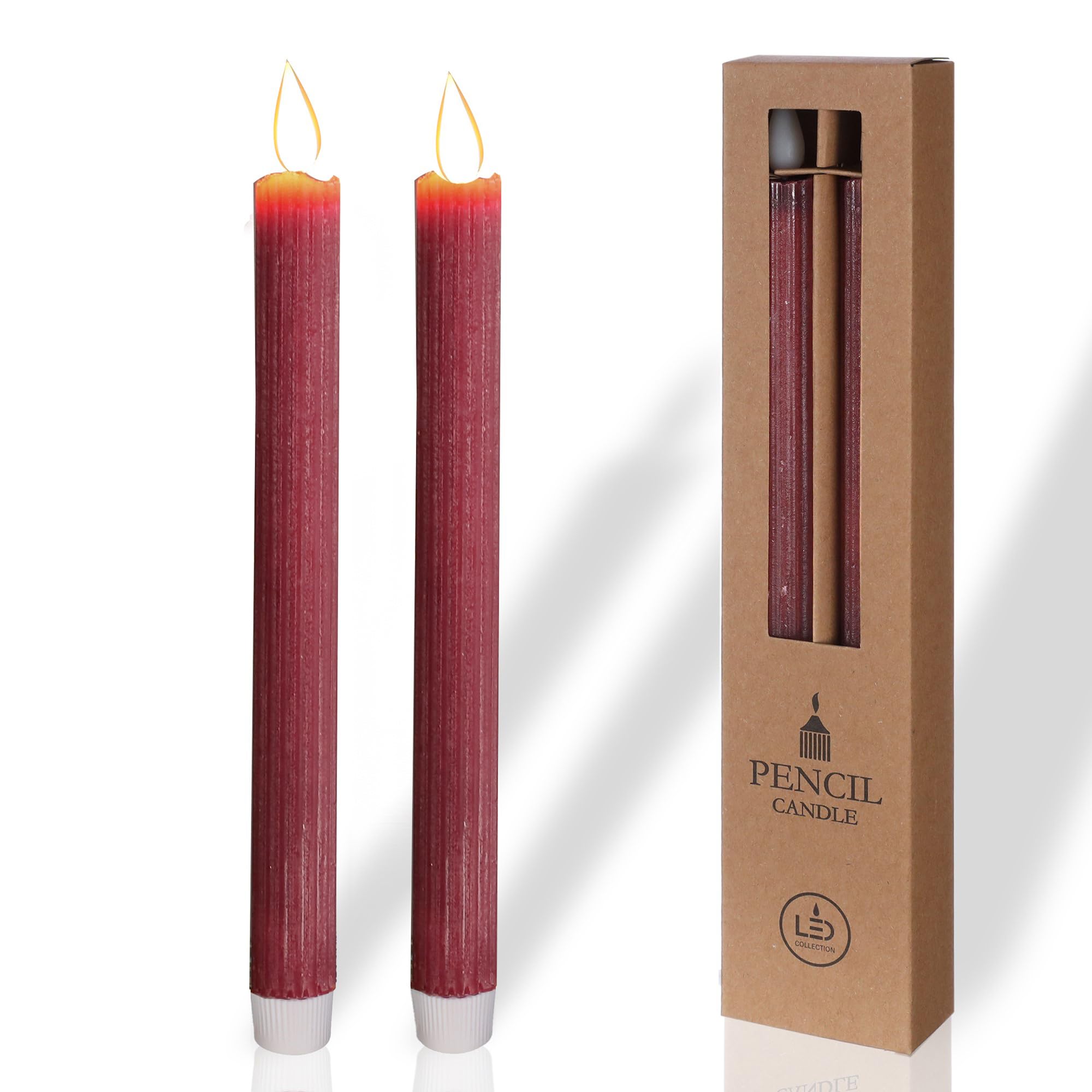 Comforder Burgundy Red Real Wax Led Taper Candle Electric -Flickering Candles Battery Operated (Set Of 2), Electric Candles Flickering With Timer Function (Burgundy Red)