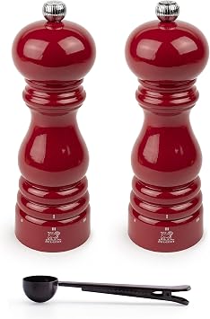 Peugeot Paris uSelect 6 Setting Manual Salt & Pepper Mill Set With Black Stainless Steel Spice Scoop Made In France Passion Red, 7- Inch