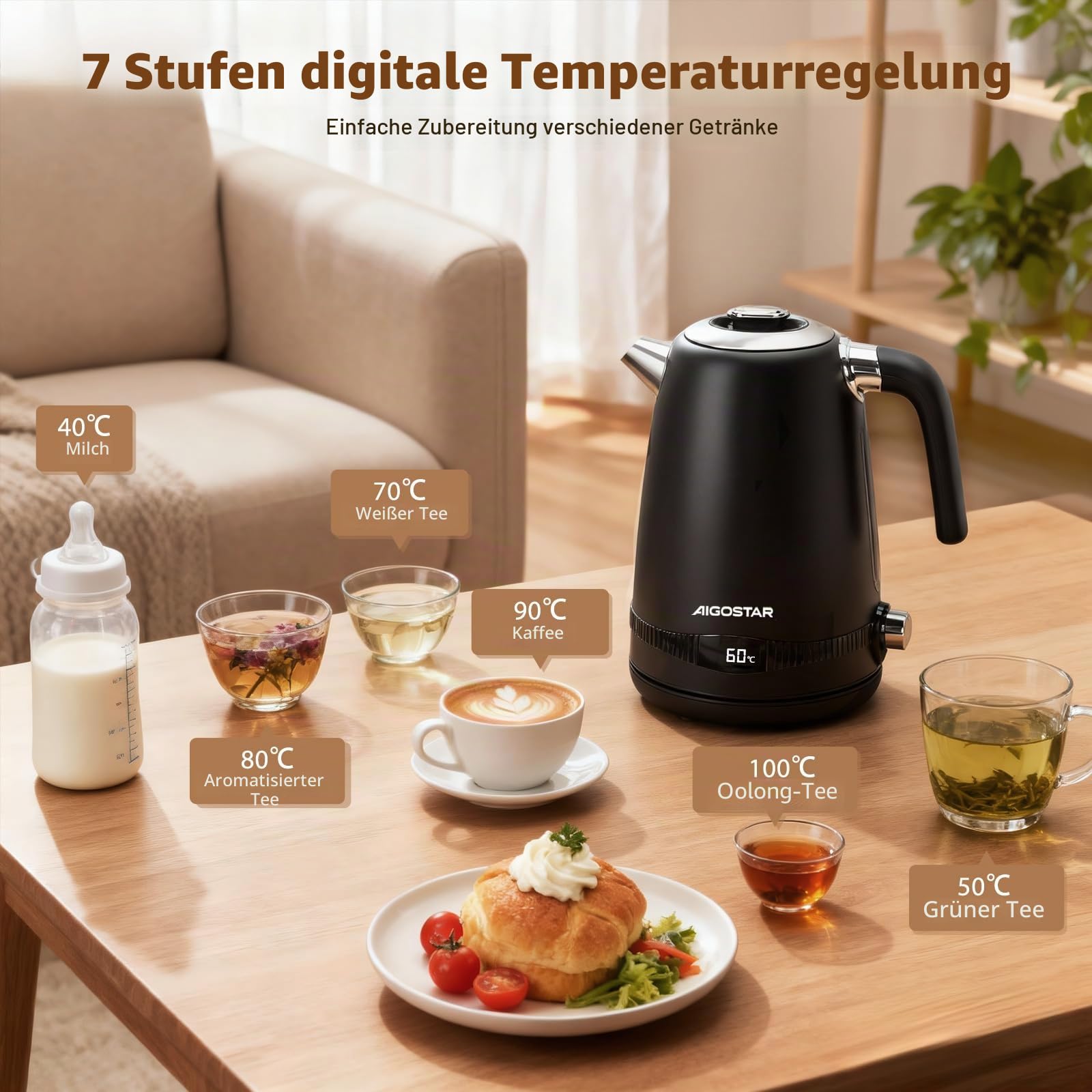 Aigostar Edelstahl Wasserkocher mit Temperatureinstellung, Schwarz Matt