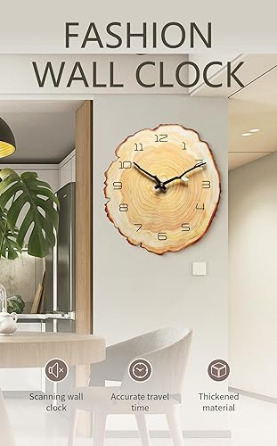 Miniatura 4 de Reloj de pared anual de 12 pulgadas, reloj de tocón de grano de madera con números arábigos, funciona con pilas, movimiento de cuarzo silencioso,