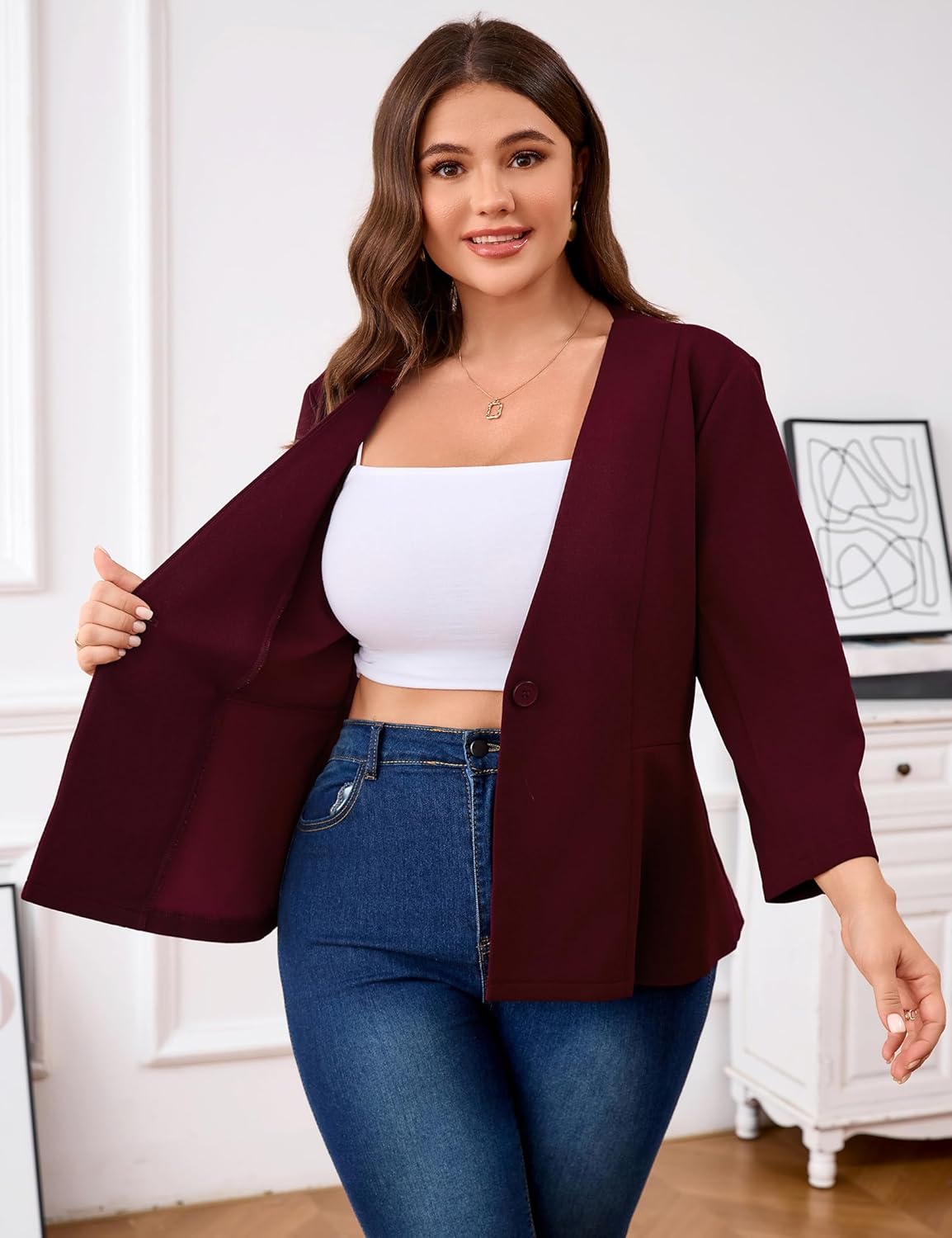 Women's Plus Size Blazer Button Ruffle Casual Blazers Open Front Work Office Jackets Blazer - Image 4