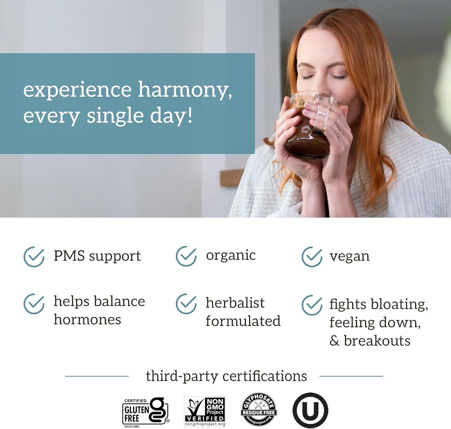 Organifi Harmony - Hormone Support - Eases PMS Symptoms - Energizes You - Regulates Menstrual Cycle - Best Served Hot - Gluten Free and Vegan Cacao Powder, 30 Servings