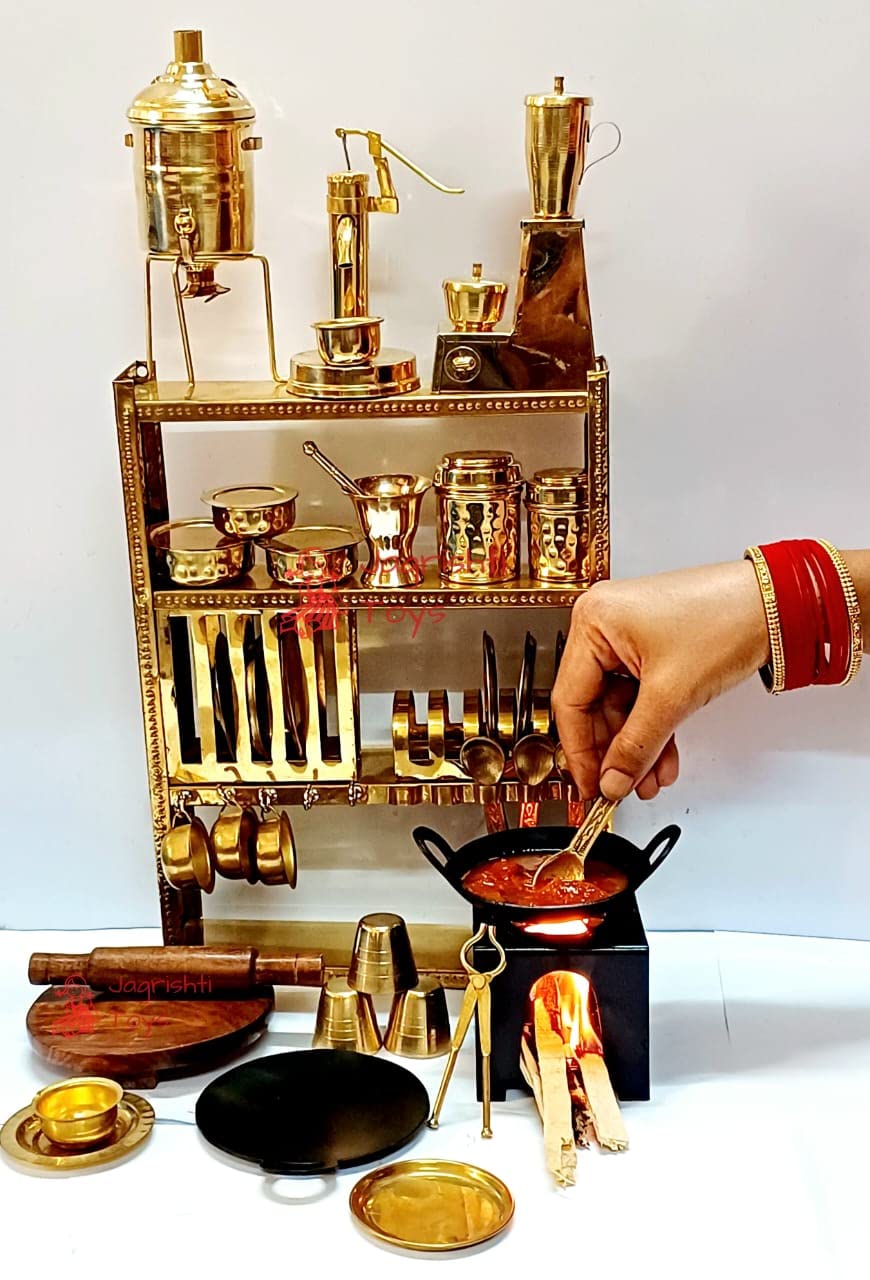 Toys Pure Brass Kitchen Set for kids Girls with iron real cooking miniatures (Edition 3) |Real cooking steel big size bhatukali set|kids playing items indoor|baratan choppu|brass chekka