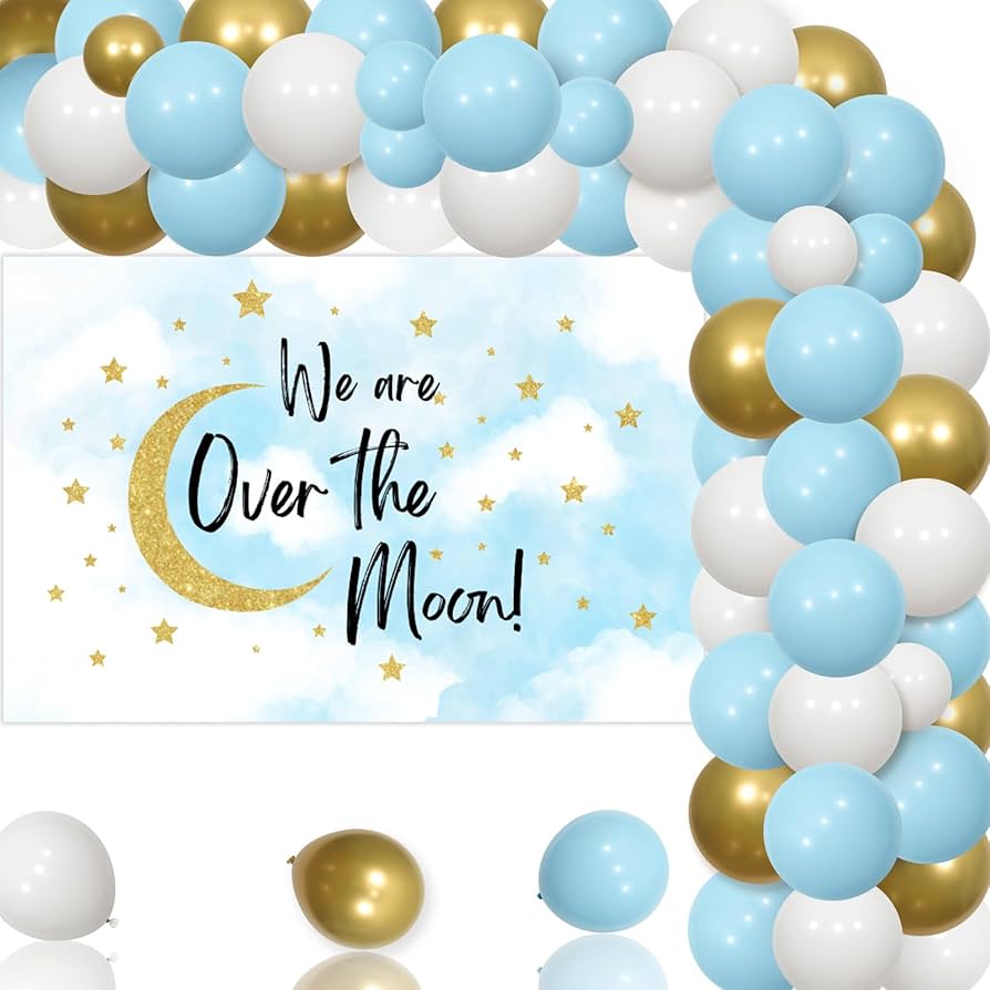 Over The Moon Baby Shower Decorations - Navy Blue & Gold Space Theme Balloon Garland Kit