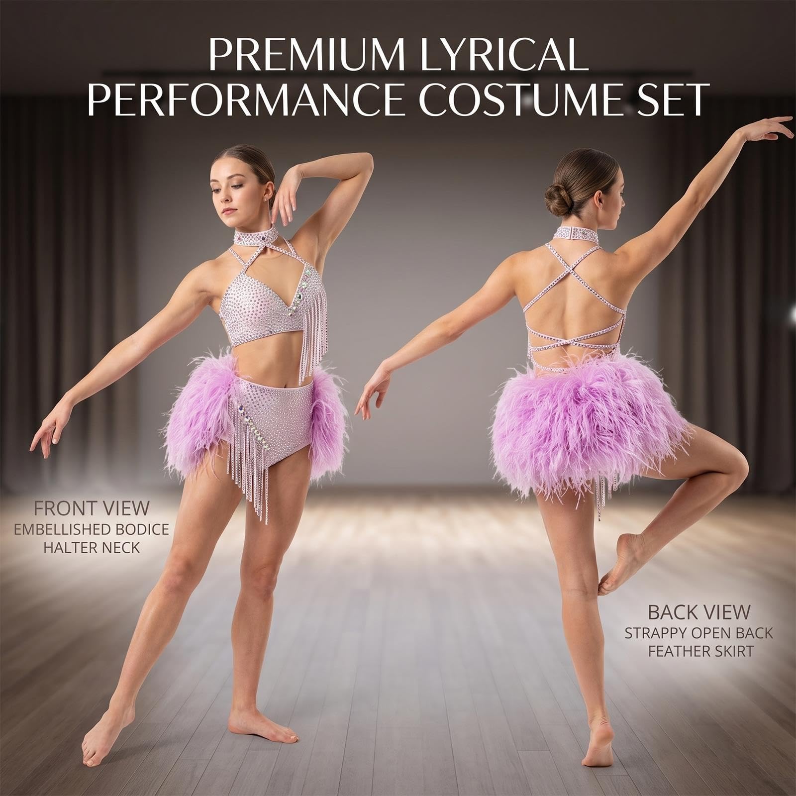 Conjunto de danza jazz con pedrería, plumas y flecos mujer y adolescente