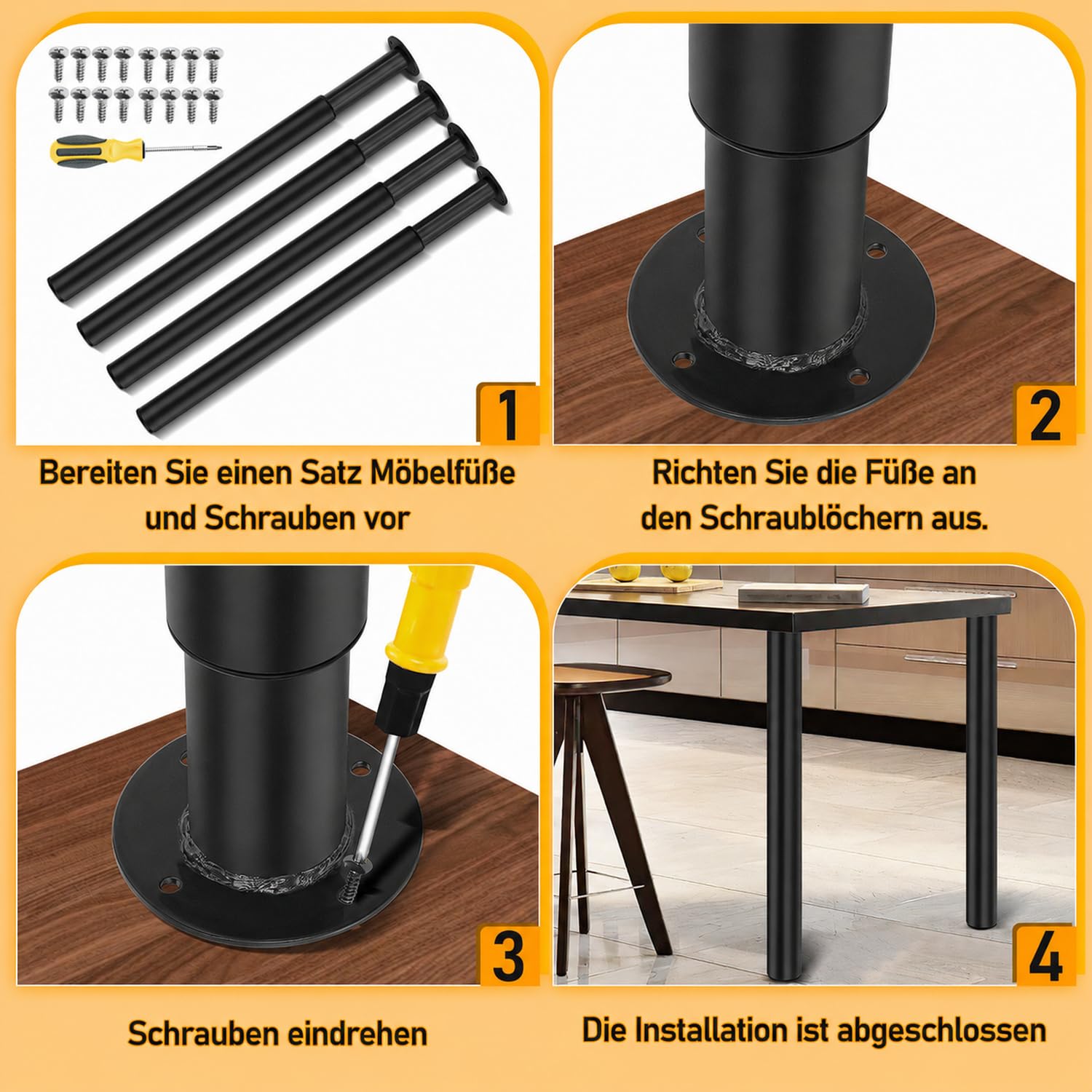 Lot de 4 pieds de table réglables de 70 à 110 cm, en métal, noir