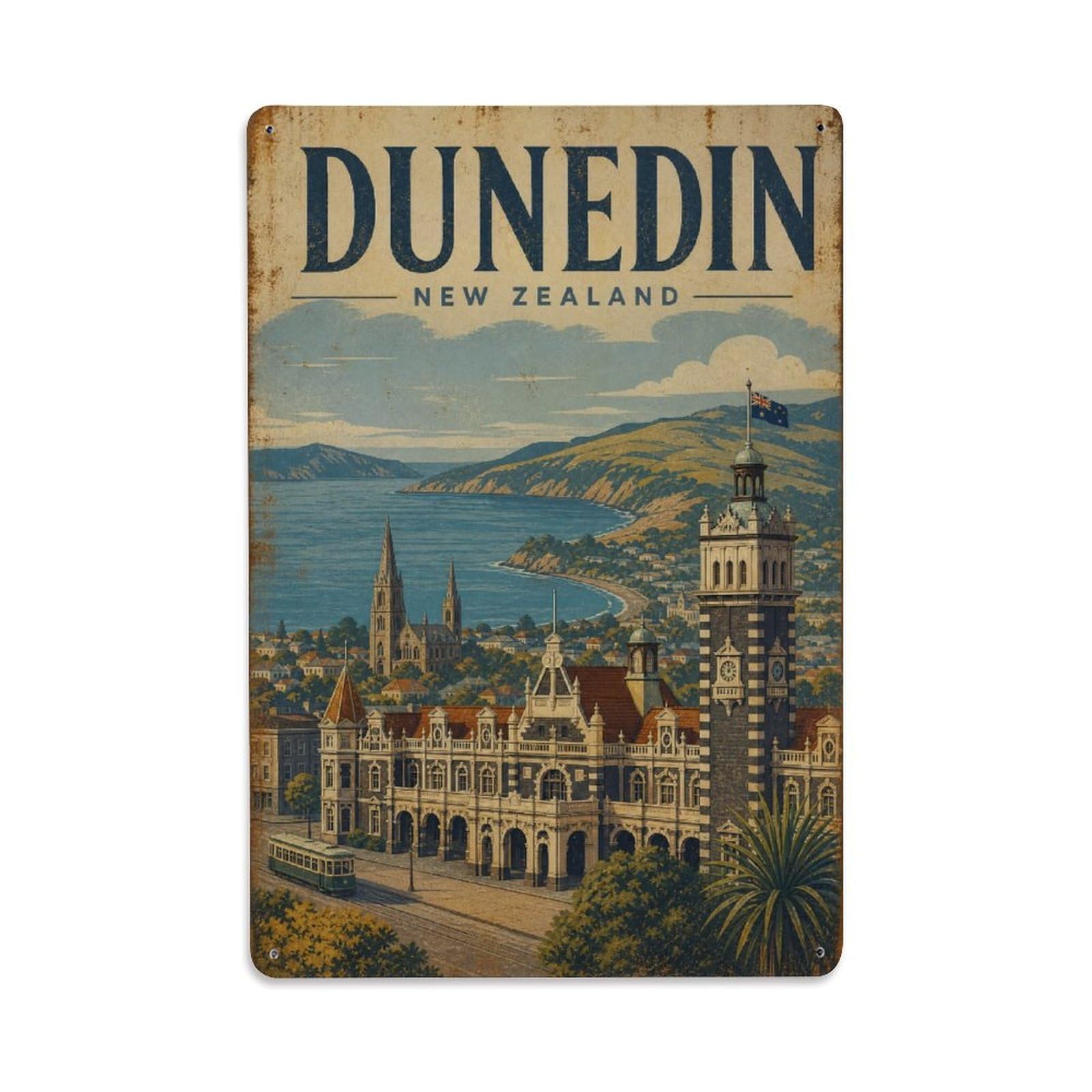 Metal Tin Sign Travel Retro New Zealand Dunedin