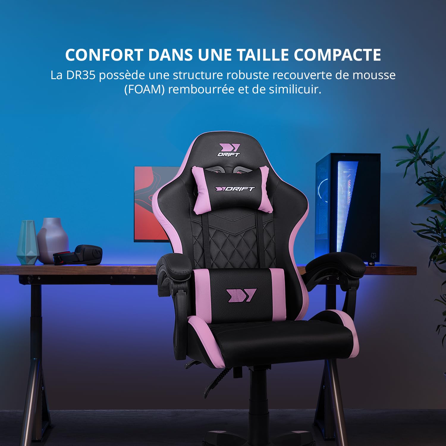 DRIFT GAMING DR35 - Chaise Professionnelle, Similicuir, Accoudoirs rembourrés, Piston Classe 3, Base en Nylon renforcé, Siège inclinable, Hauteur réglable, Coussin Lombaire/Cervical, Noir/Rose