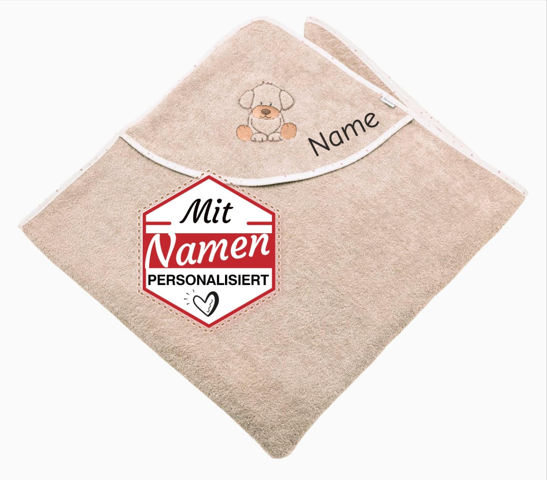 Sterntaler Kapuzenhandtuch mit Namen Bestickt, Hund Lucky Babybadetuch mit Kapuze, Kinder Badetuch 100 x 100 cm, Geschenk zur Geburt und Taufe