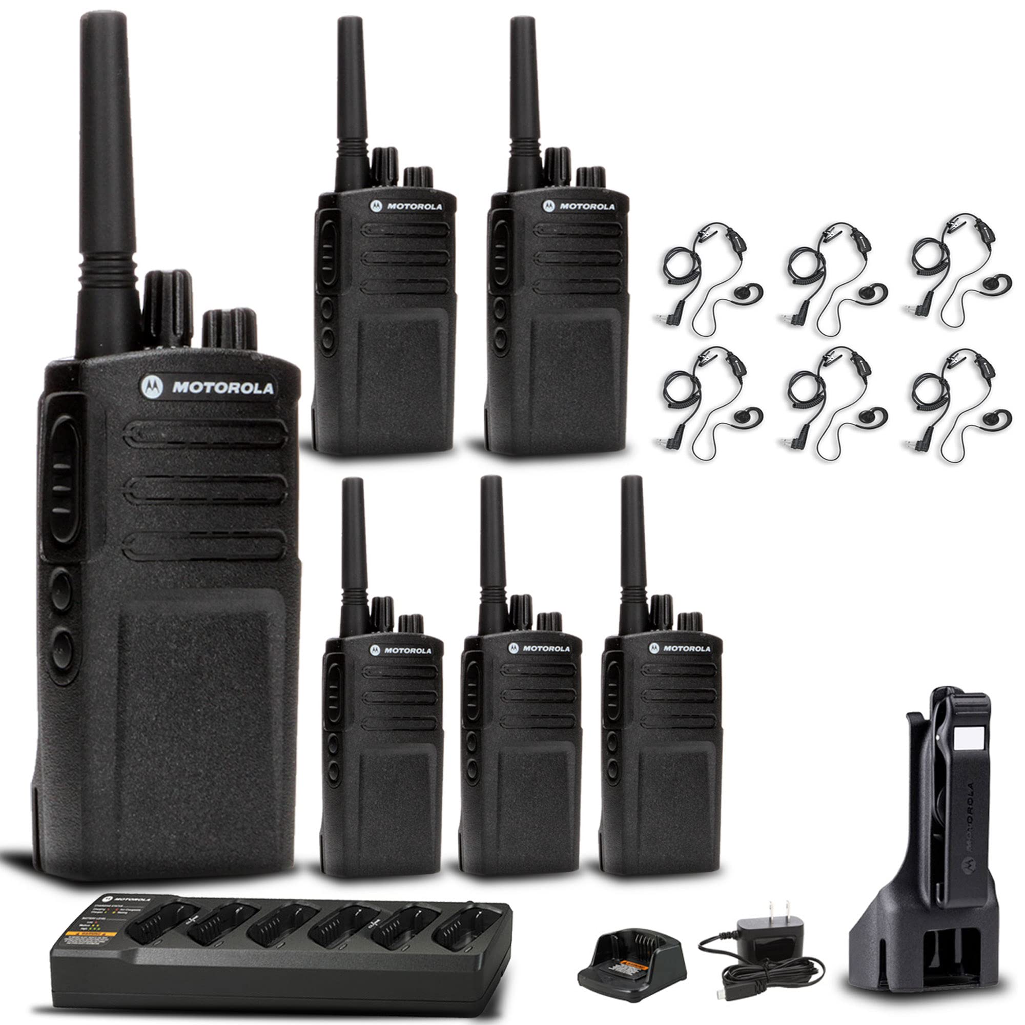 Motorola RMV2080 2-Way Radio Bundle - Includes 6 Radios, Charger, Earpiece, and Accessories