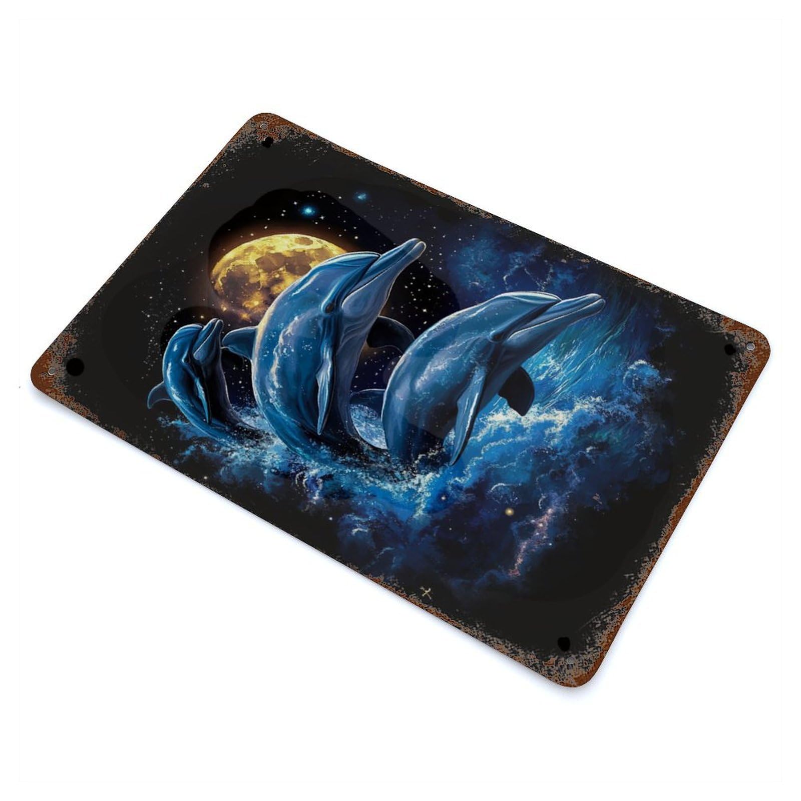Dolphins Under The Moon Rust Effect Tin Sign 11.8"x7.9", Novelty Wall Decor for Garage, Pub Or Kitchen