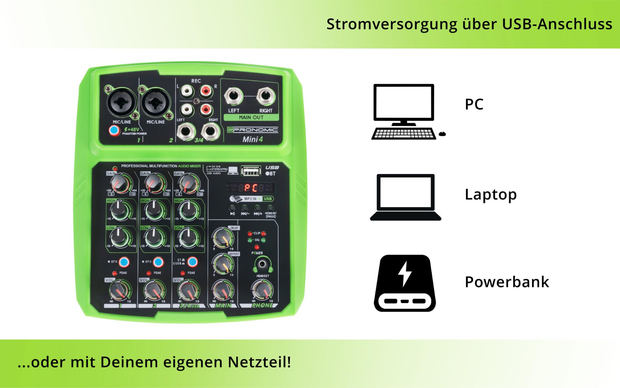 Pronomic Mini4 Mixer USB - Mixer 4 Canali Alimentato via USB - 2 Canali con Combo Jack - Ingresso Stereo - Media Player/Recorder con Bluetooth e USB - Interfaccia Audio - Verde