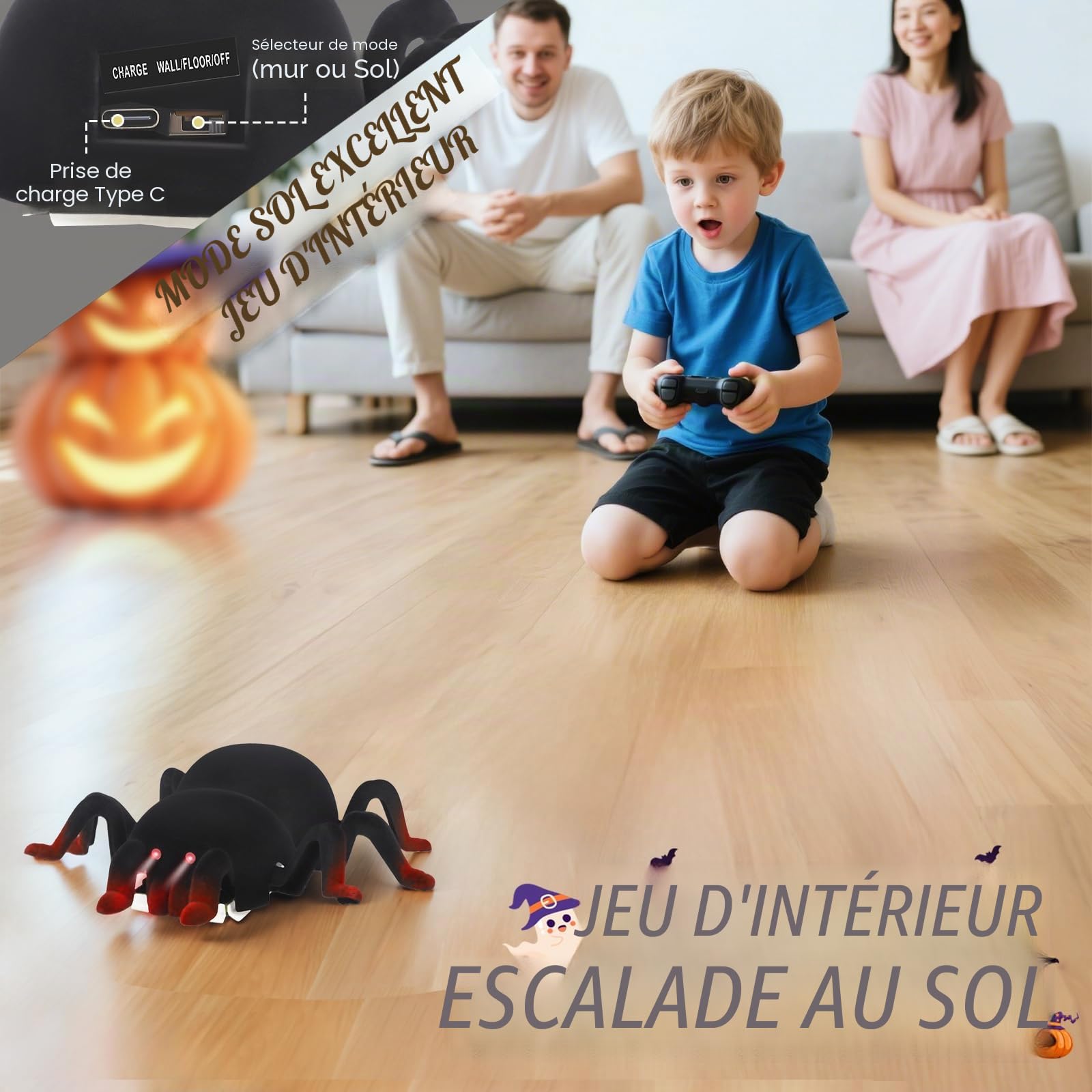 L'Araignée RC Télécommandée - Grimpe aux Murs & Plafonds Rechargeable avec Yeux LED - Jouet Robot Araignée pour Enfants dès 3 Ans - Cadeau Effrayant pour Garçons & Filles à Halloween