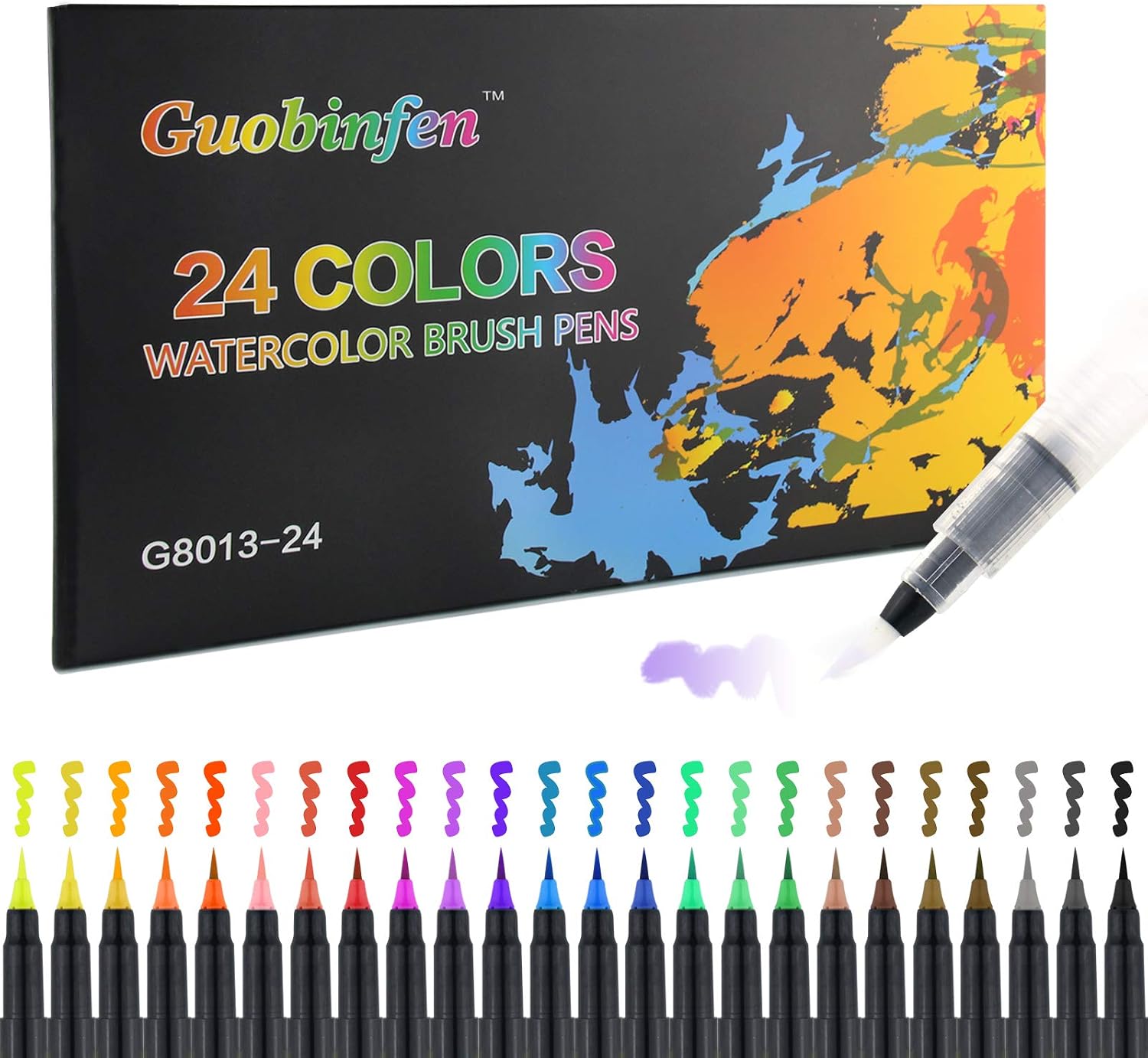 GUOBINFEN Watercolor Brush Pens, Set of 24 Watercolor Markers for Artists with 1 Water Brush Pens, Flexible Nylon Brush Tips Pens for Adult Coloring Books, Midliner Brush Markers, Calligraphy