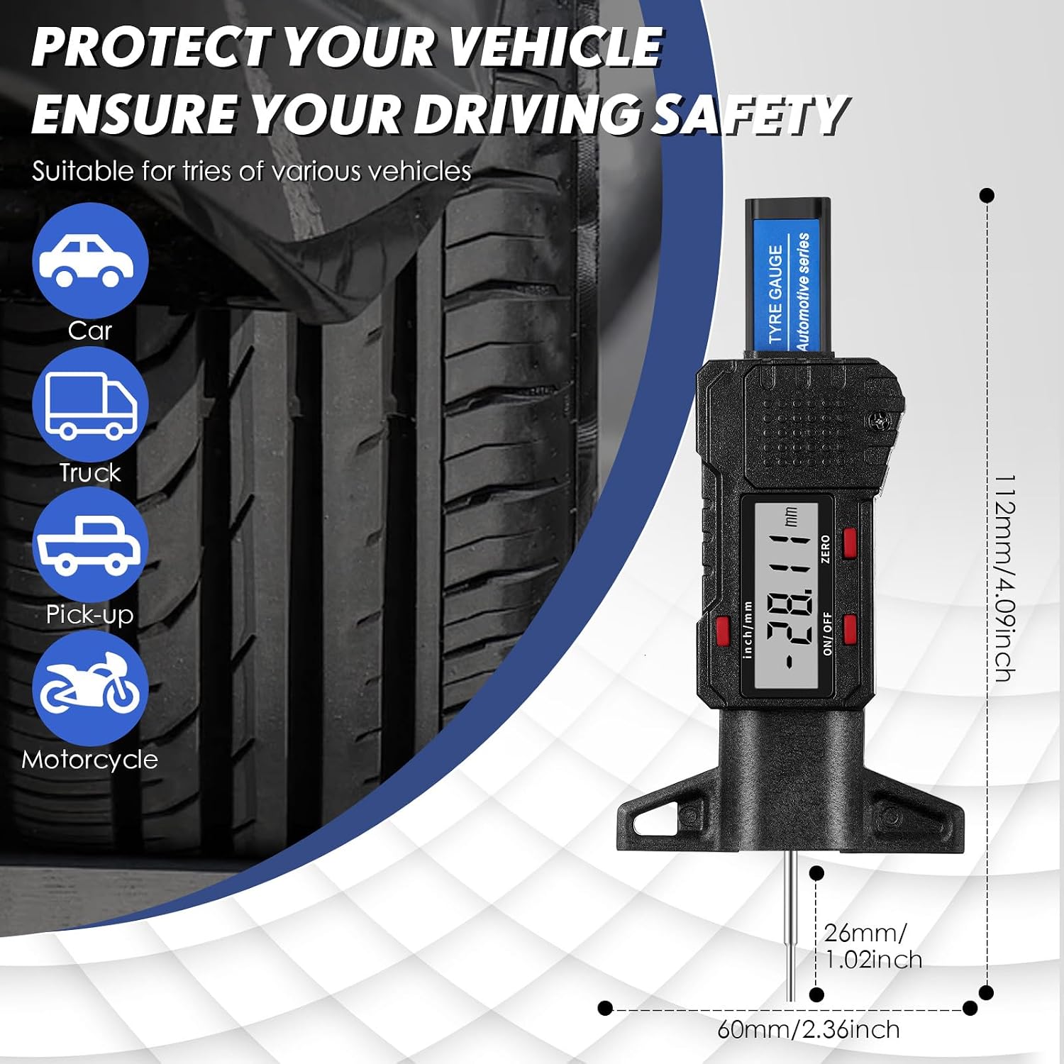 Tallew Digital Tire Tread Depth Gauge, 0-25.4mm Range, LCD Display Tool