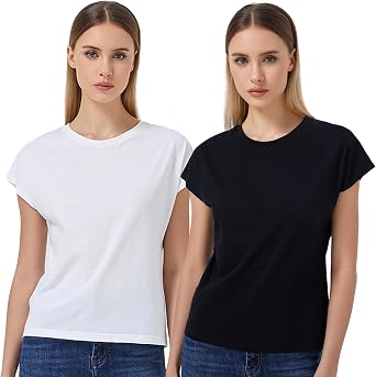 Mcilia Crew Neck Cap Sleeve T-Shirt Cotton Loose Basic Tee, Pack of 2