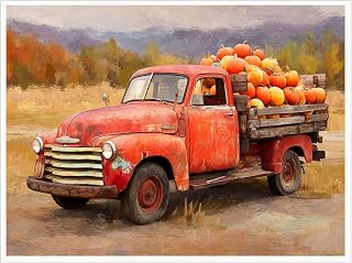 Vintage Red Truck Pumpkin Wall Art – Rustic Fall Harvest Canvas Print, Country Farm Oil Painting for Entryway or Living Room Decor-12x16Inch Ready to Hang(Unframed)