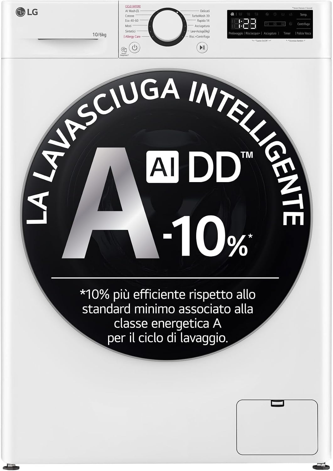 LG AI DD D4R5010TSWS Lave Sécheuse 10/6 kg Série R5 Classe D TurboWash360 Vapeur Eco Hybrid Allergy Care Moteur Inverter Direct