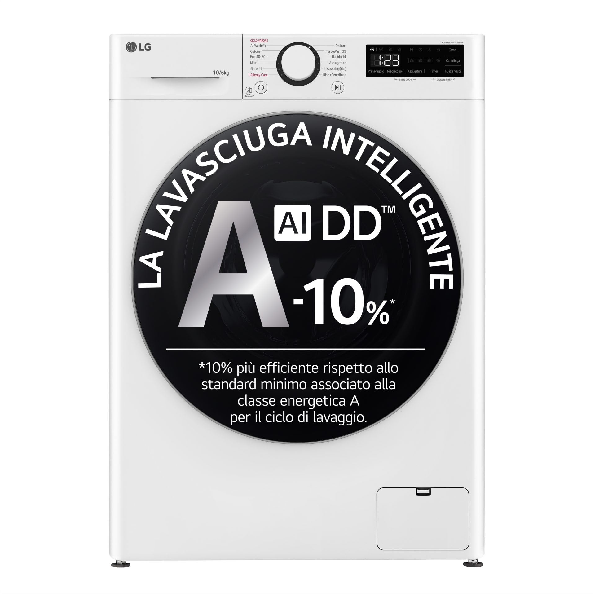 LG AI DD D4R5010TSWS Lave-sécheuse 10/6 kg Série R5 Classe D, Machine à laver et sèche-linge ensemble, 1400 tours, TurboWash360, Lavage à vapeur, Eco Hybrid, Allergy Care, Moteur Inverter Direct