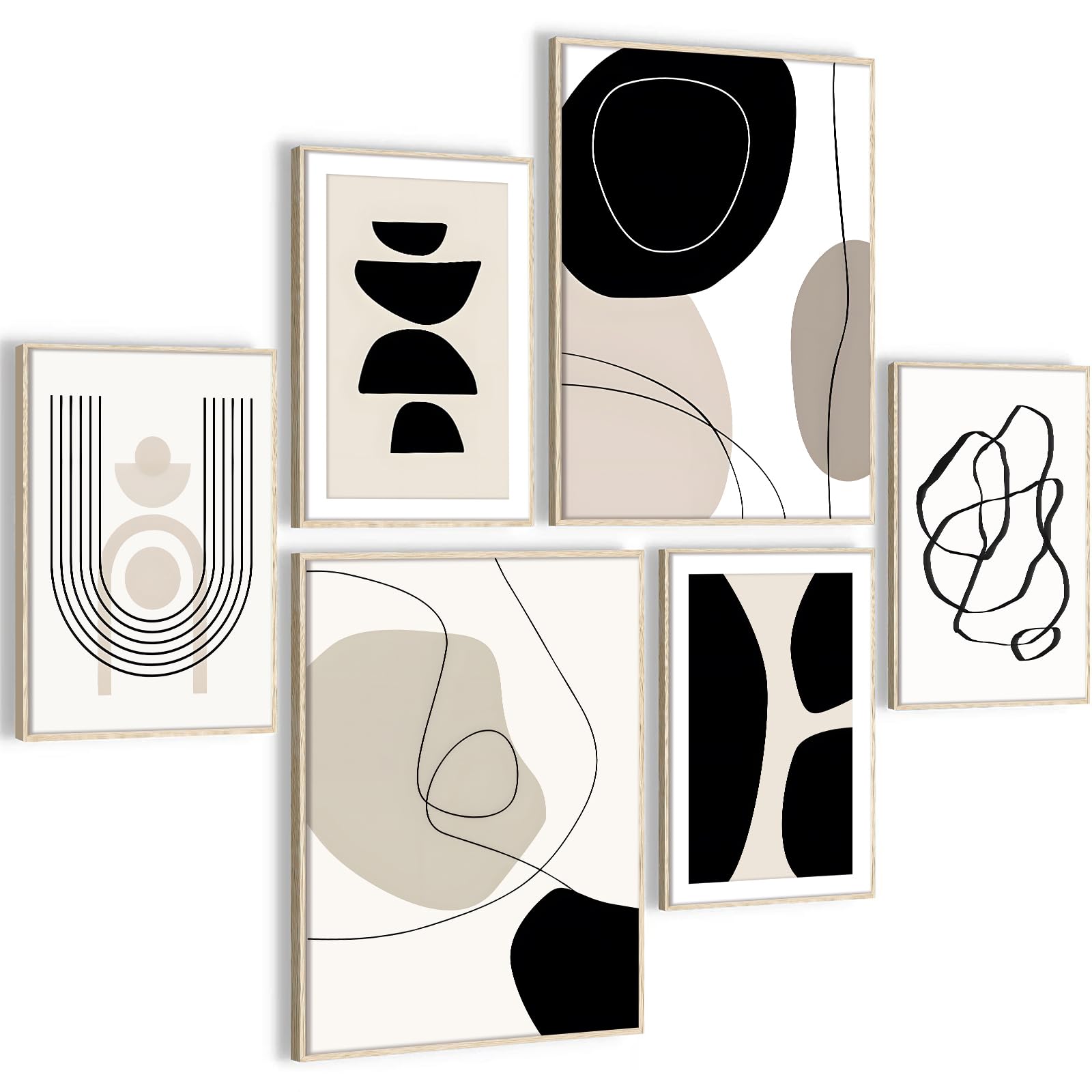 HONEYBABY Abstract Wall Art for Living Room Boho Minimalist Botanical Framed Canvas Wall Art for Bedroom Walls Mid Century Geometric Wall Art Prints for Home Office Set of 6