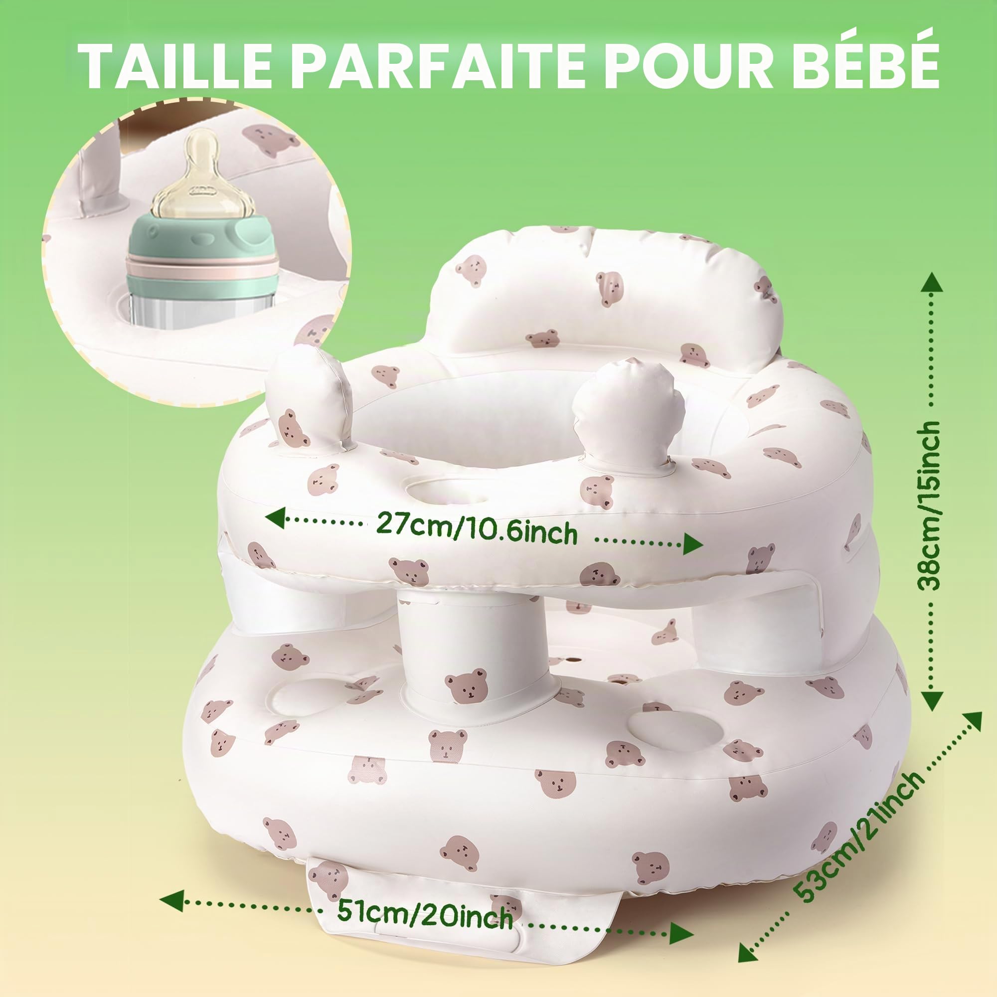 Siège bébé gonflable Zolirao avec pompe à air intégrée, portable 3-36 mois, soutien dos et nuque, sans BPA, motif ours