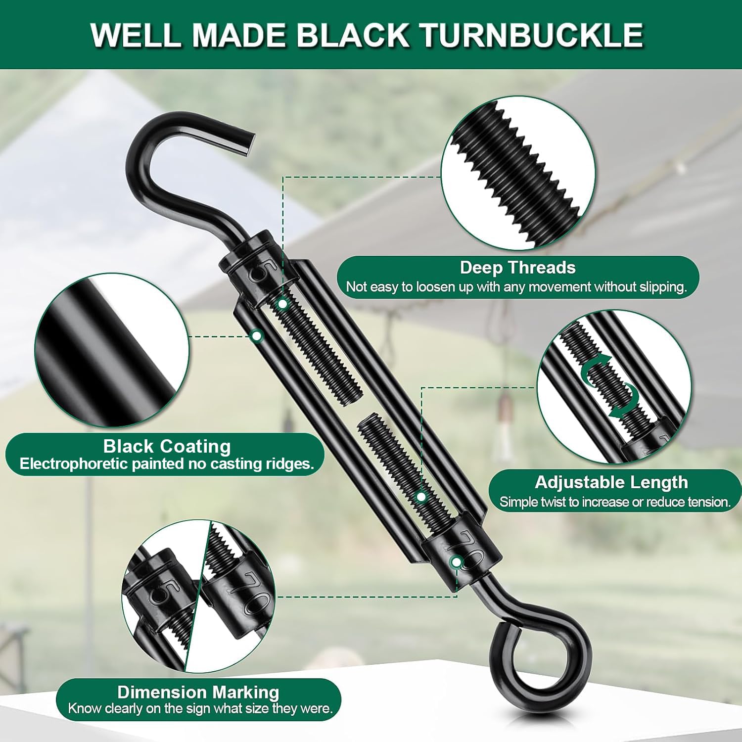 Hochwertiges schwarzes dekoratives Spannschloss mit Haken und Öse, 12PCS M6 Spannschlösser für Kabel, Drahtseilspanner für Schattensegel, Zaun, Zelt, Bild, hängende Hardware, Installation