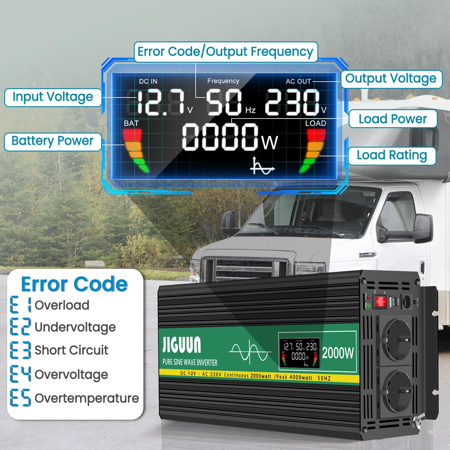JIGUUN Konwerter mocy 2000 W/4000 W 12 V na 230 V z czystym sinusoidalnym sterowaniem wyświetlacz LCD 2 gniazdko UE i 1 port USB do samochodu, na kemping, w podróży, w nagłych wypadkach