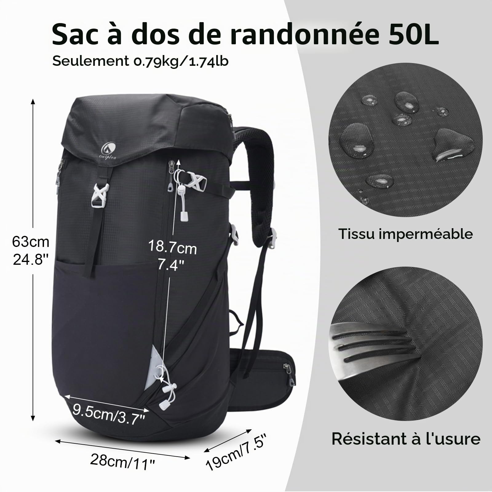 Grand Sac a Dos Randonnée 50L, Etanche Sac a Dos de Voyage avec Ouverture Frontale, Léger Sac à Dos de Trekking pour Camping, Sac à Dos Sport pour Loisir Alpinisme, Noir