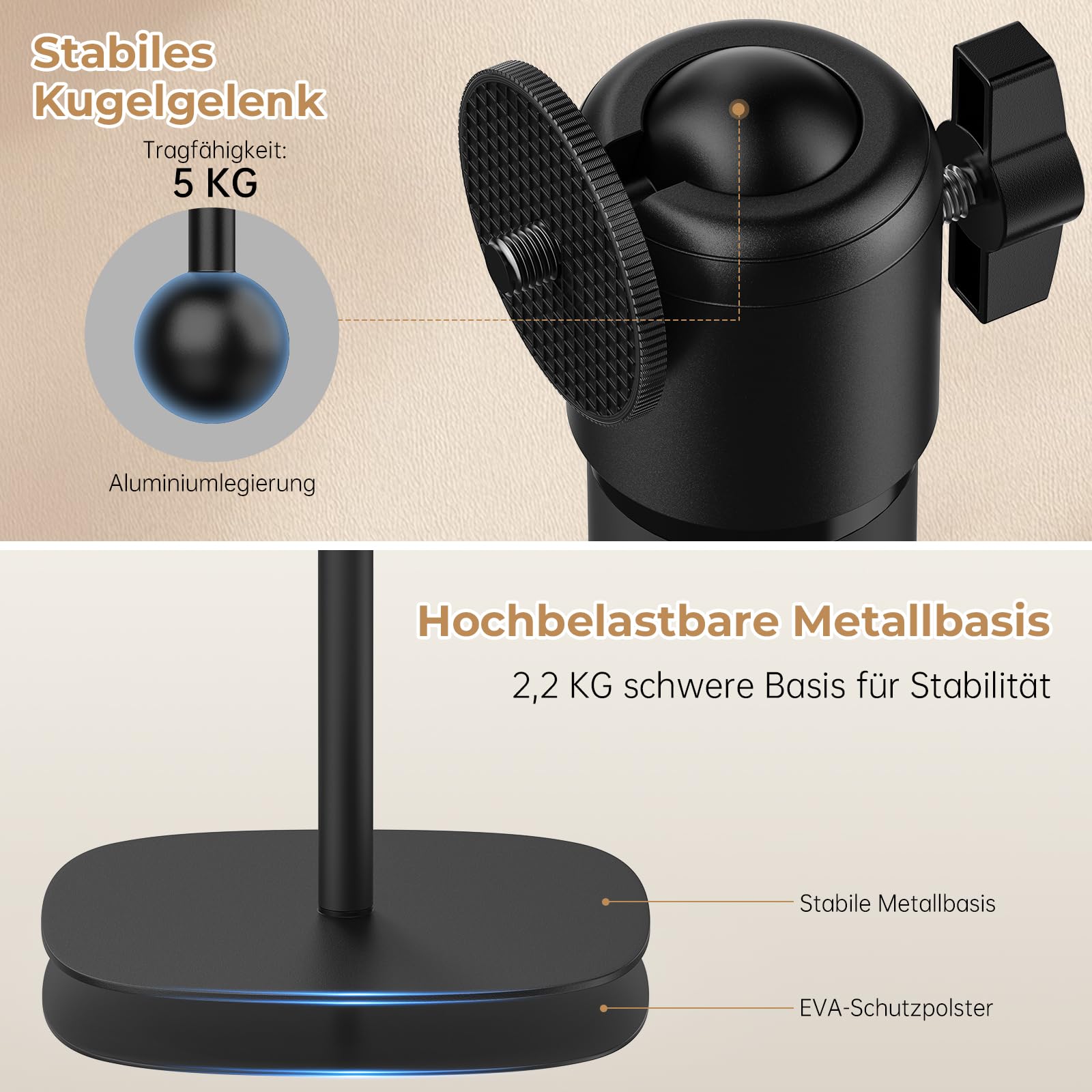 Metallischer Beamer ständer, höhenverstellbar 50–125 cm mit 360°Drehwinkel, Platzsparend, Hält bis zu 5 kg, kompatibel mit Projektoren, Kameras, Camcorder und mehr