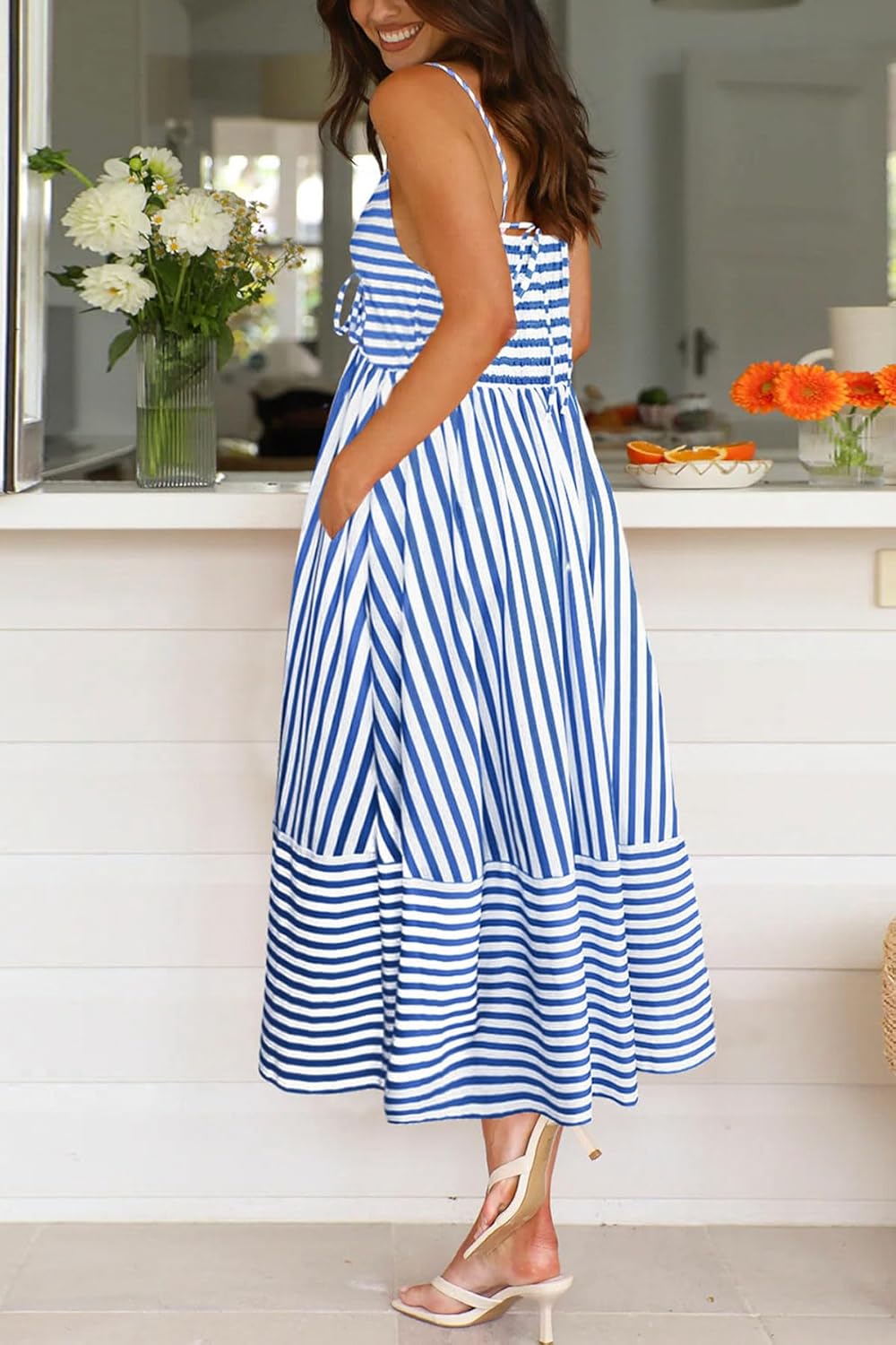 Fashionme Womens Summer Maxi Dresses 2026 Trendy Striped Vacation Boho Beach Spaghetti Strap Sundress Back Tie with Pockets - Image 6