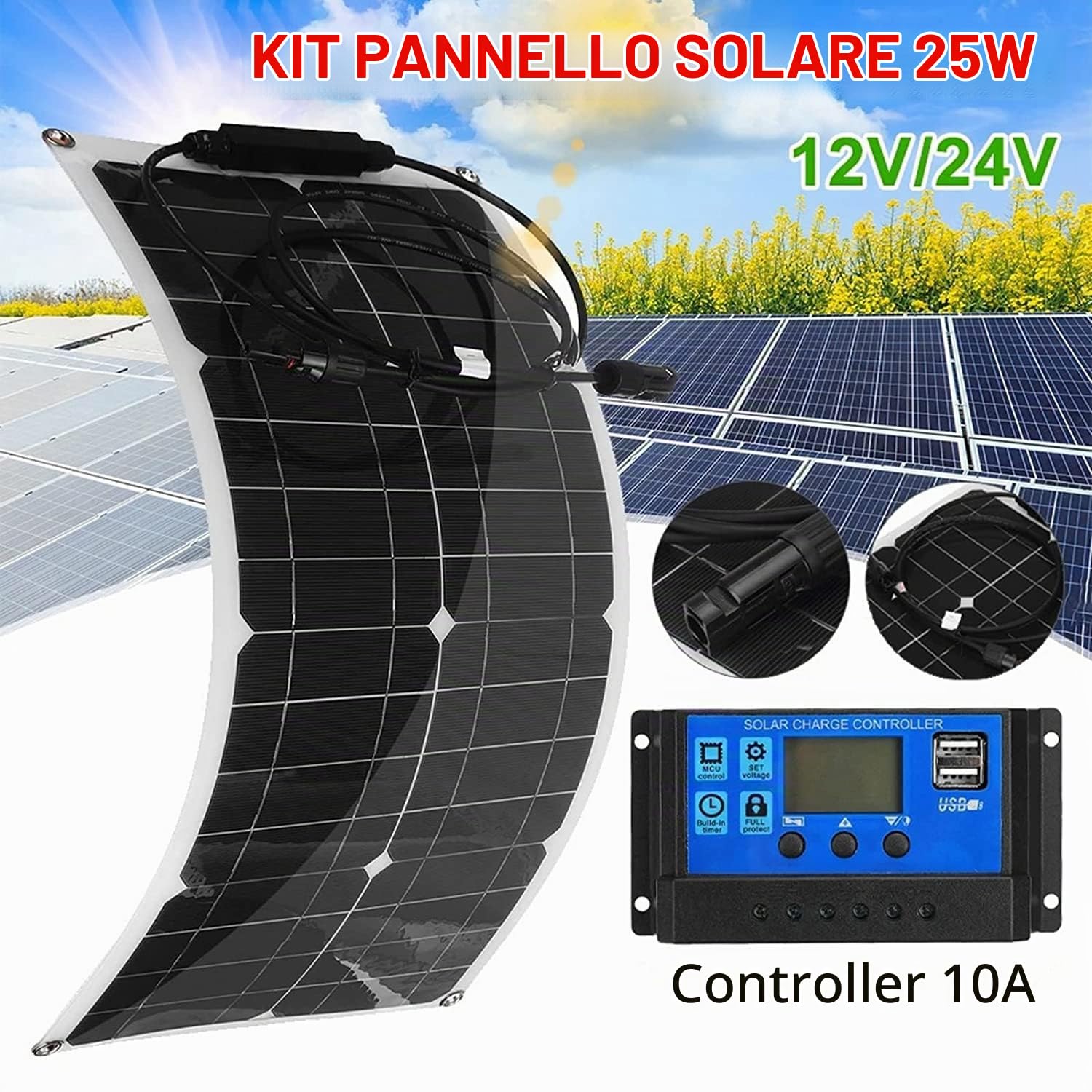 Pannello solare monocristallino flessibile da 25 watt 12 volt per barche camper camper e altro (1 ×10A-Controller)