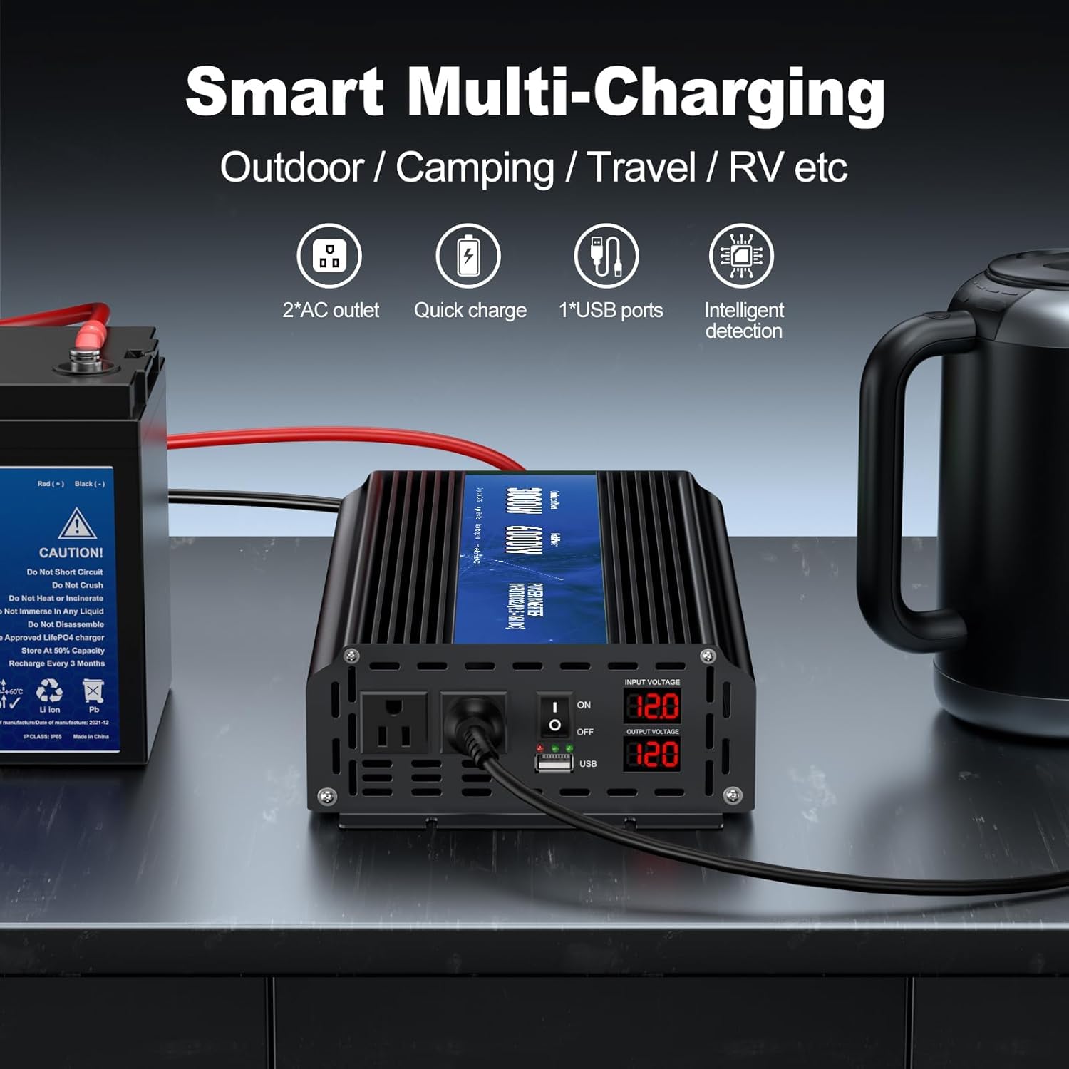3000 W przetwornica mocy, maksymalna moc 6000 W, 12 V DC na AC 110 V120 V, pilot zdalnego sterowania z wyjściami 2 AC i portem USB 2.4, wyświetlacz LCD do konwertera energii, aktywności na