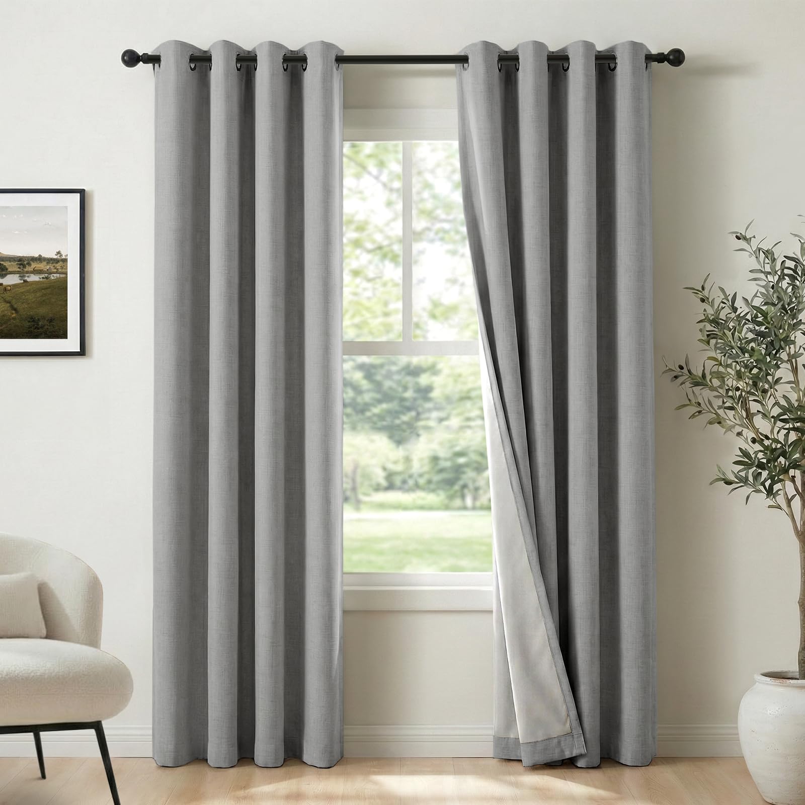 100% Blackout Shield Linen Blackout Curtains for Bedroom, Grey Grommet Curtains for Living Room, Thermal Insulated Room Darkening Drapes for Nursery,