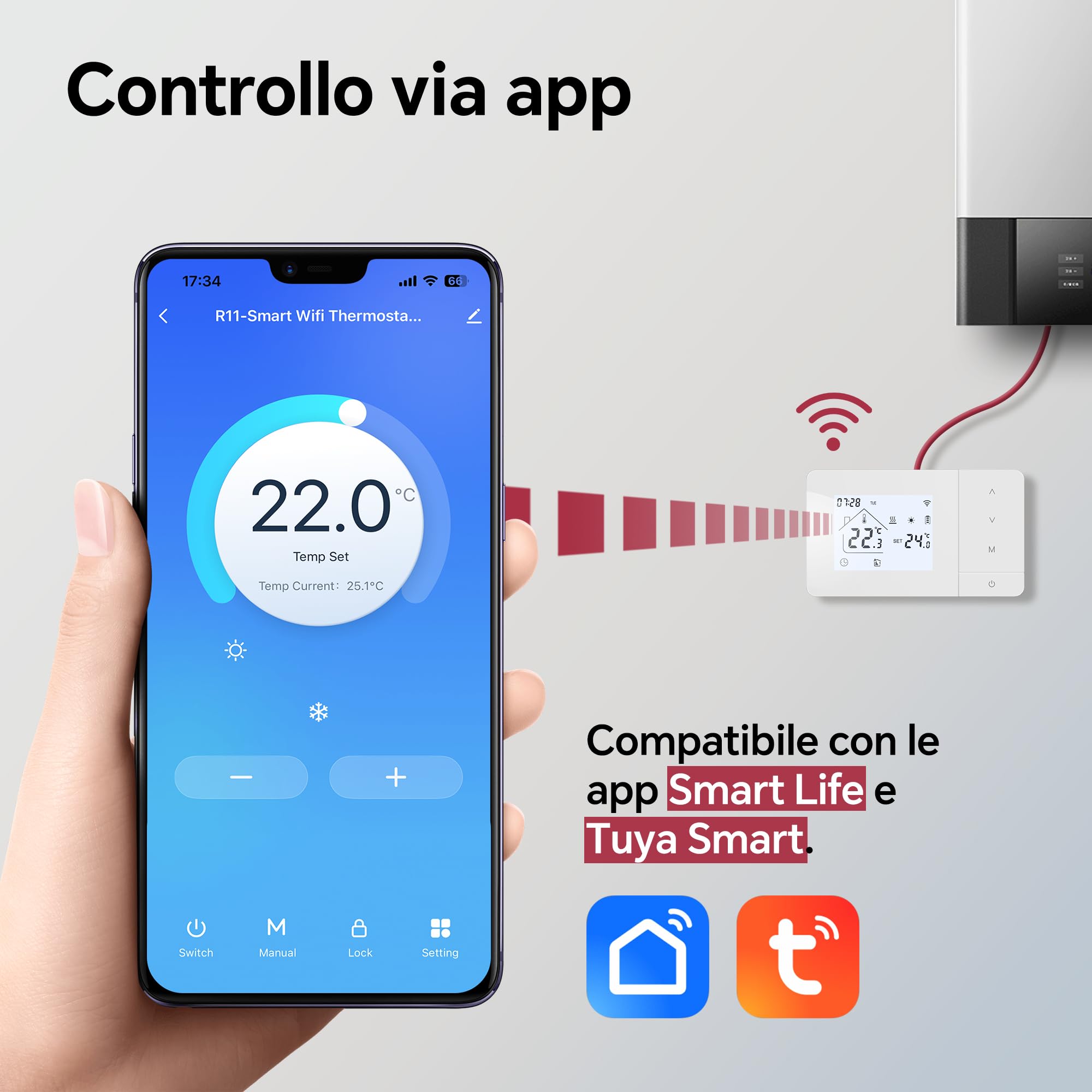 Termostato Wi-Fi a batteria con 2 fili, controllare per la caldaia a gas, termostato Tuya programmabile giornalmente, compatibile con controllo vocale di Google e Alexa.W506 3A