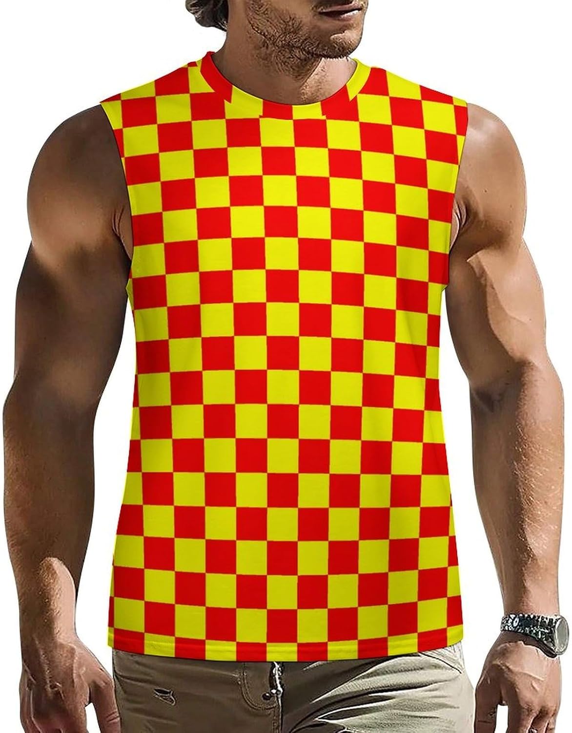 Red and Yellow Plaid Flag Men Summer Sleeveless Crew Neck Top 5XL